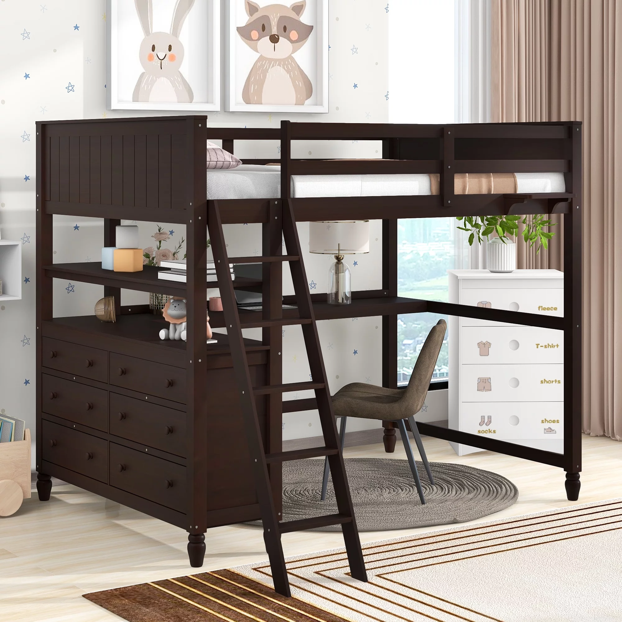 Loft Bed with Drawers and Desk, Loft Beds Full Size with Full-Length Safety Bed, Shelves for Kids, Teens, Adults Boys & Girls