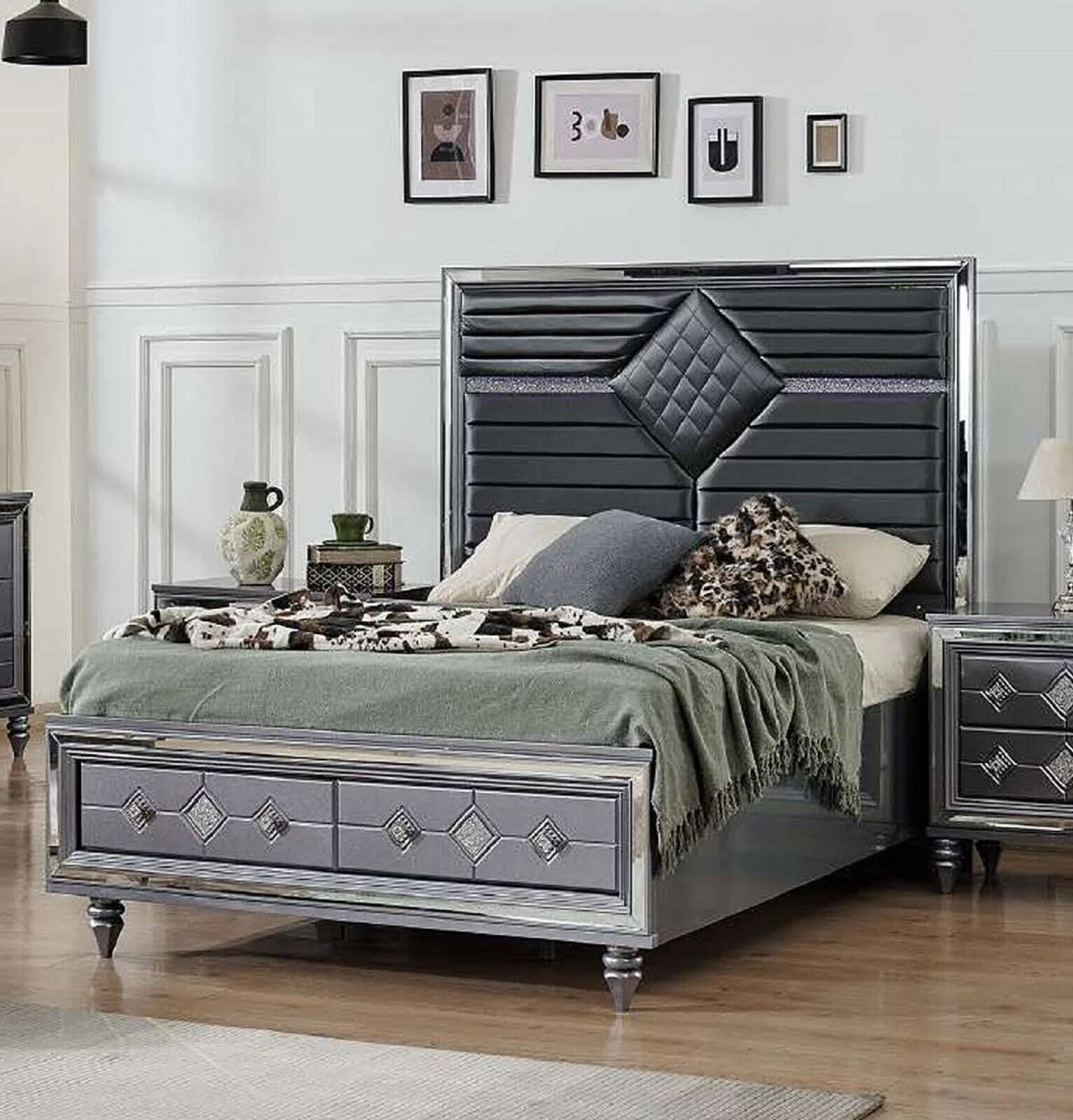6pc Luxury Dark Gray Queen Bed w/LED Headboard Dresser Mirror Nightstand Chest Bedroom Set