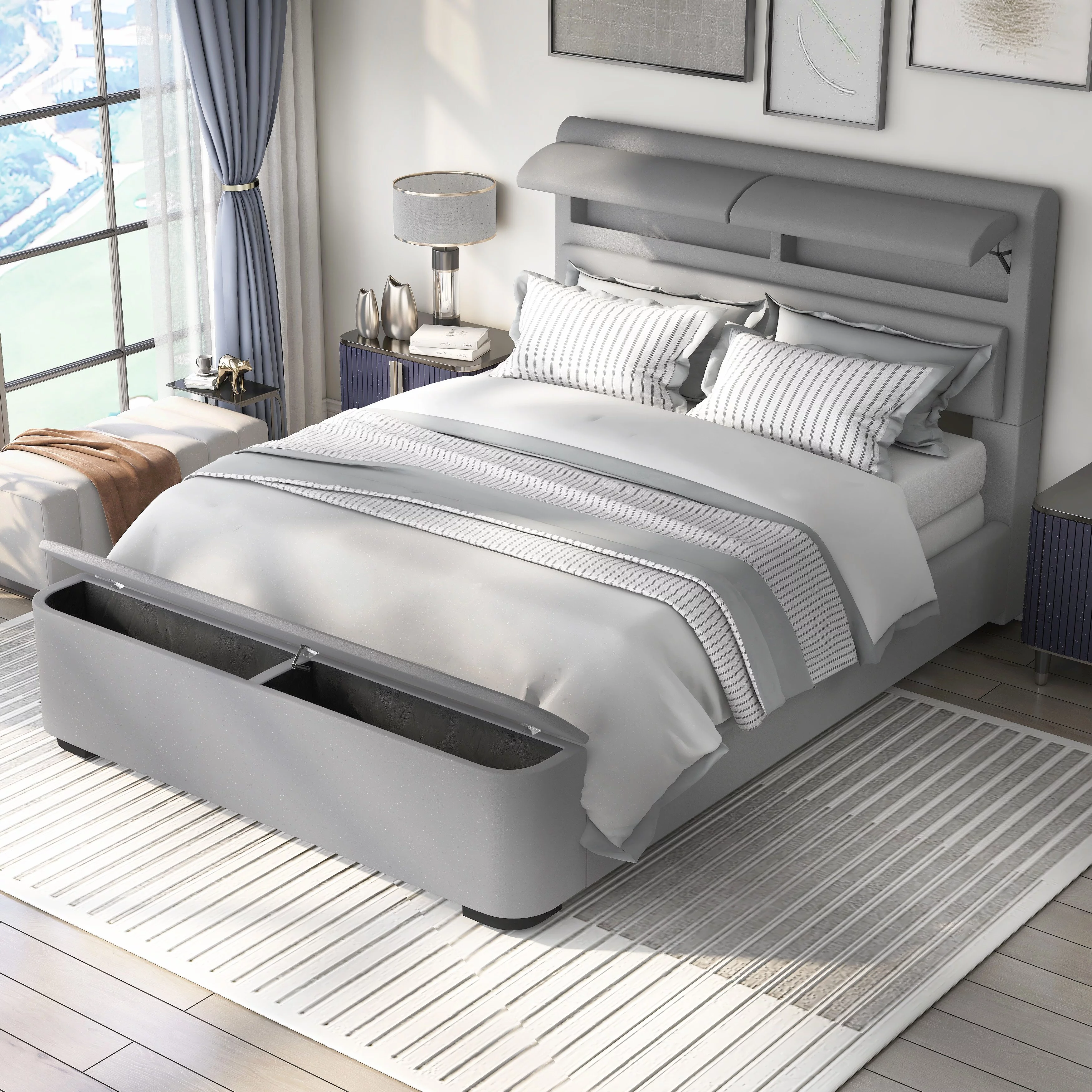 Furniture of America Otjen Modern Upholstered Storage Bed Navy Queen