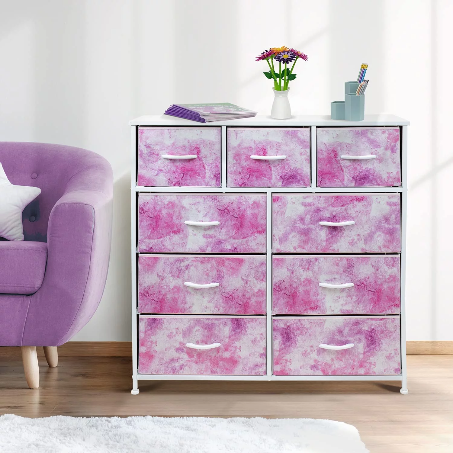 Sorbus Large 9 Drawer Dresser for Kids Bedroom, Tie-Dye Colors