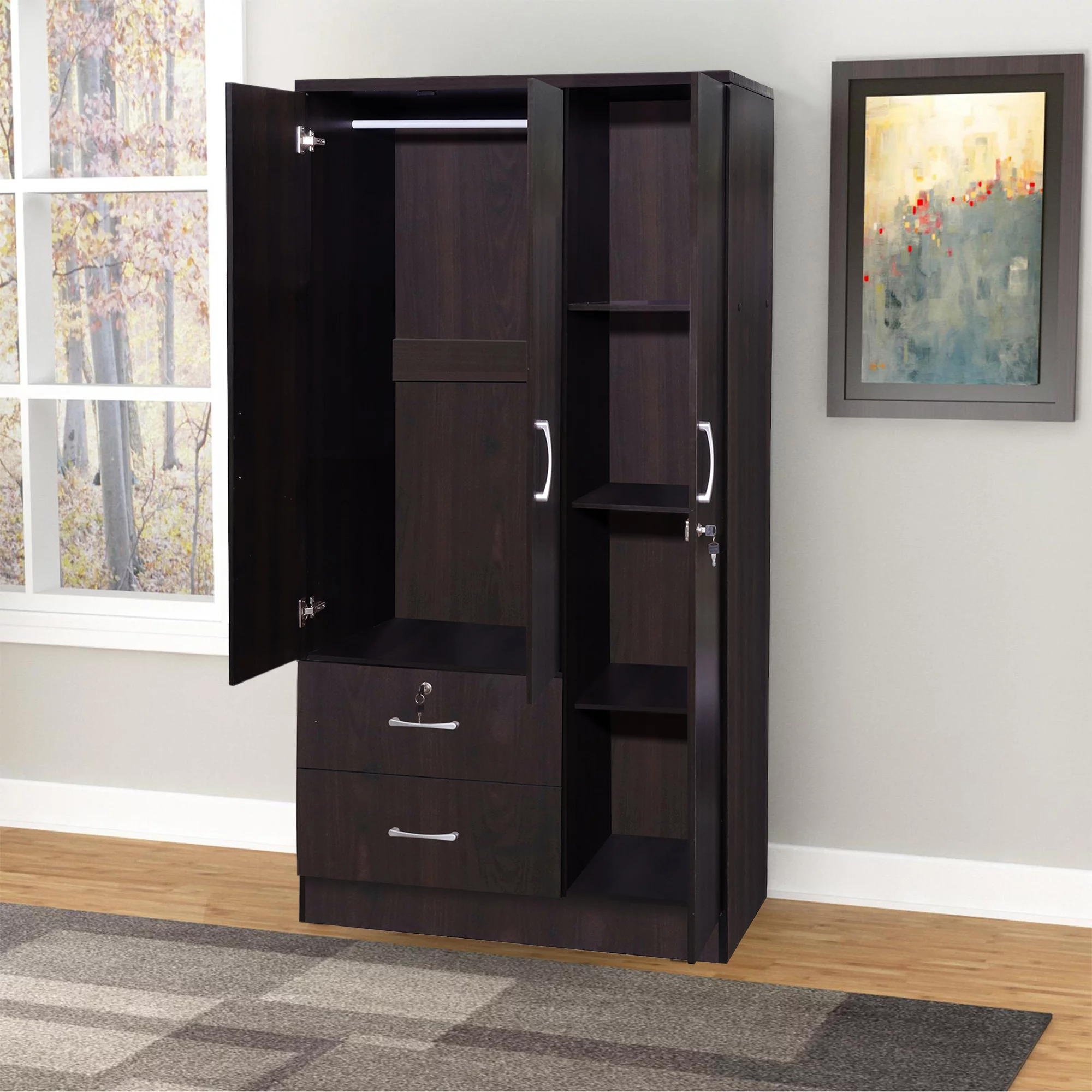 Better Home Products Symphony Wardrobe Armoire Closet with Two Drawers Tobacco