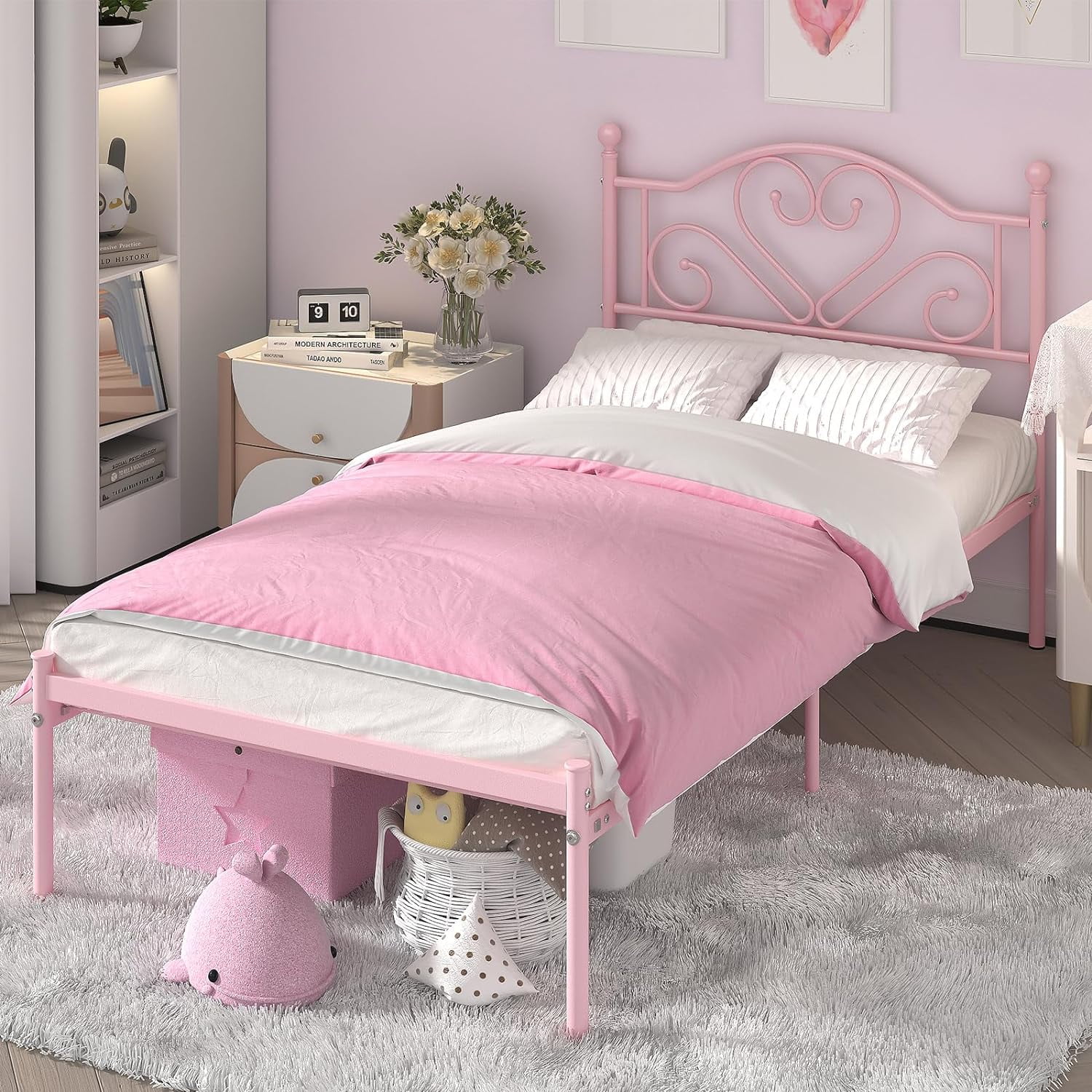 FJU Twin Bed Frames with , Heavy Duty Metal Platform Bed Space Easy Assembly for Kids Adults, Pink