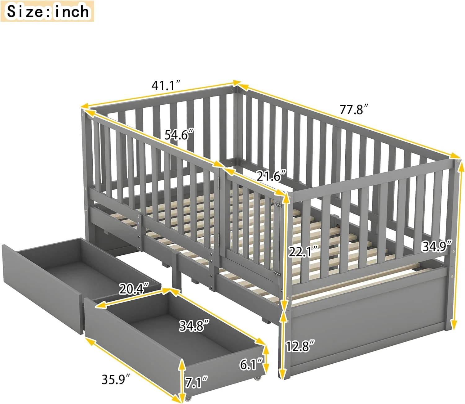 Size Daybed With Fece Guardrails Ad 2 Drawers, Wood  Bed Frame Motessori Bed With Storage For Kids Girls Boys ,Ca Split Ito Floor Bed & Storage Daybed ,Grey