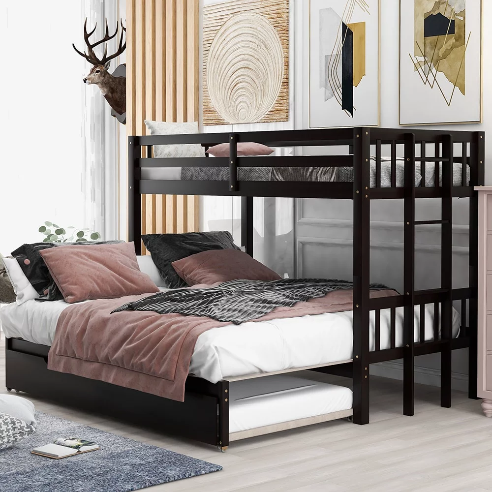 LivEditor Bedroom Bed Frame Twin over pull-out bunk bed with trundle White