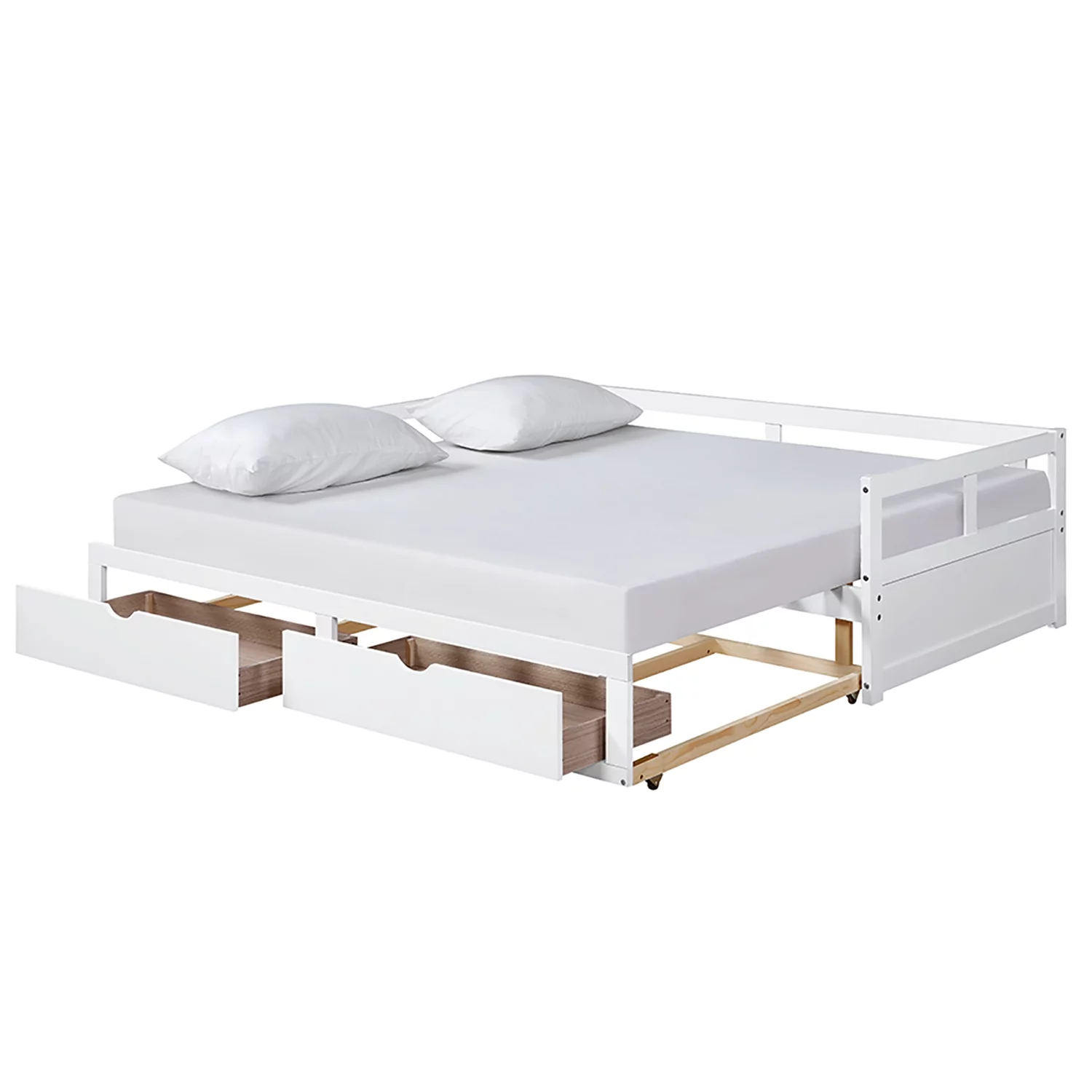 CoSoTower Wooden Daybed With Trundle Bed And Two Storage Drawers, Extendable Bed Daybed, Sofa Bed For Bedroom Living Room, White