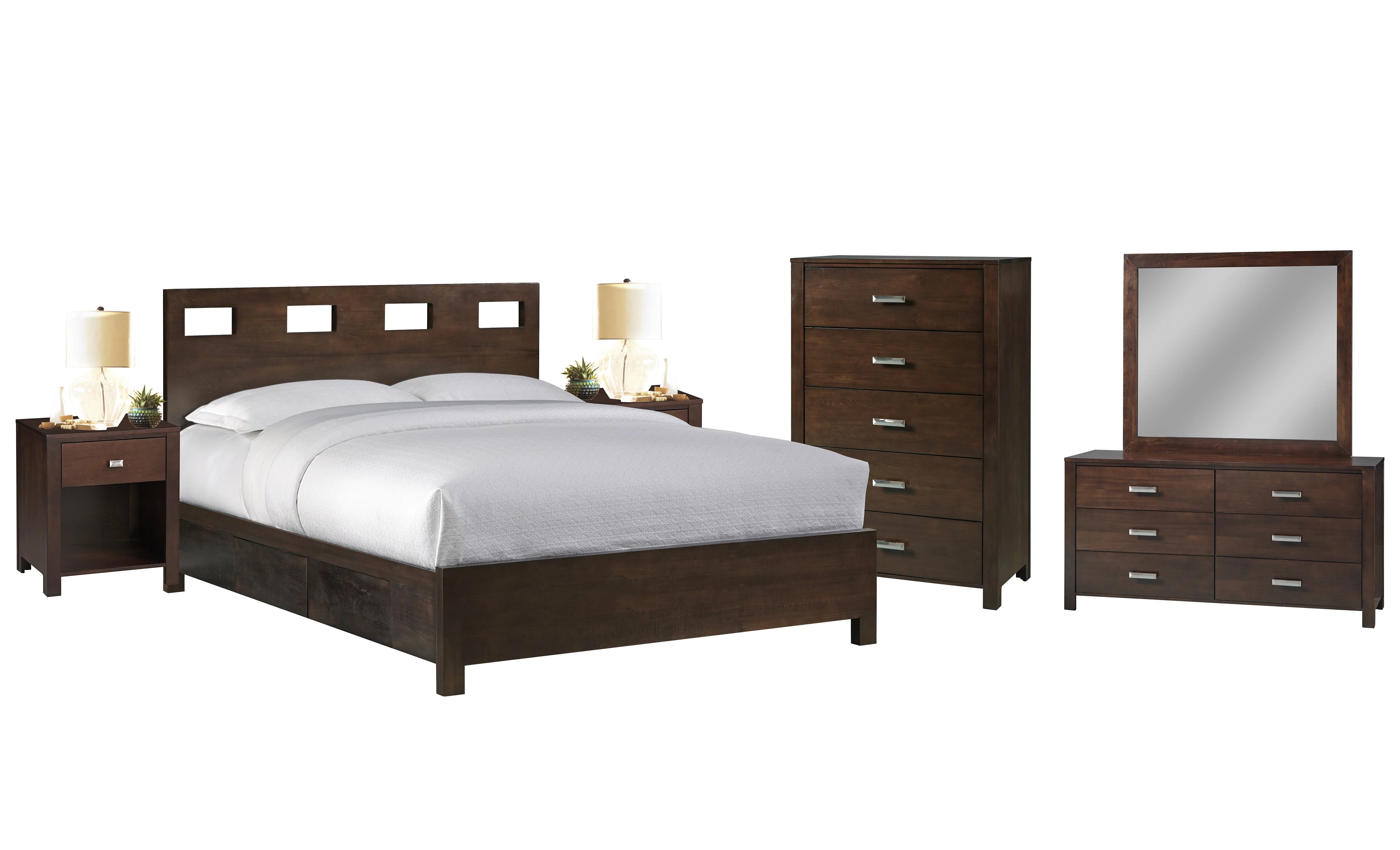 Ranshaw 6PC Cal King Storage Bed, 2 Nightstand, Dresser, Mirror & Chest Set in Mocha Brown Mahogany