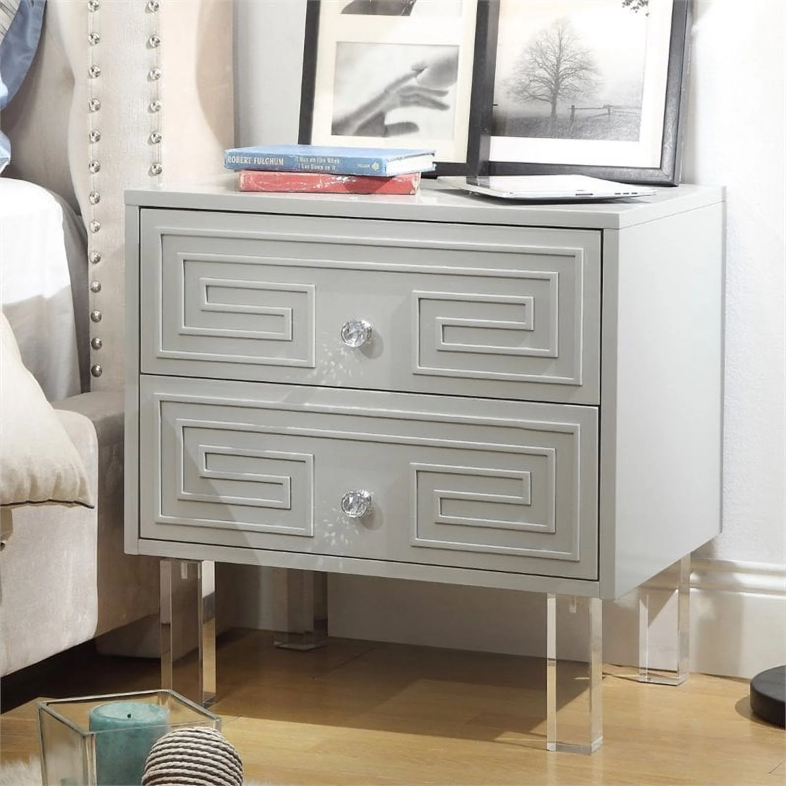 Posh Living Melanie MDF Wood  Modern Greek Key Lacquer- Lucite Leg Side Table  Accent Table & Nightstand - Light Grey