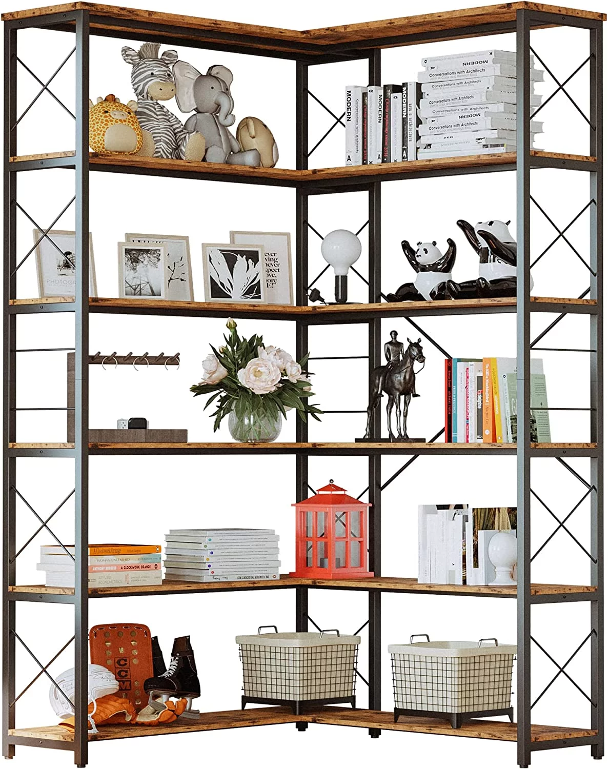 IRONCK 6-Shelf Corner Bookcase, Vintage Industrial Corner Bookshelf Etagere Bookcase, 6 Tier Corner Shelf Storage Rack with Metal Frame for Living Room