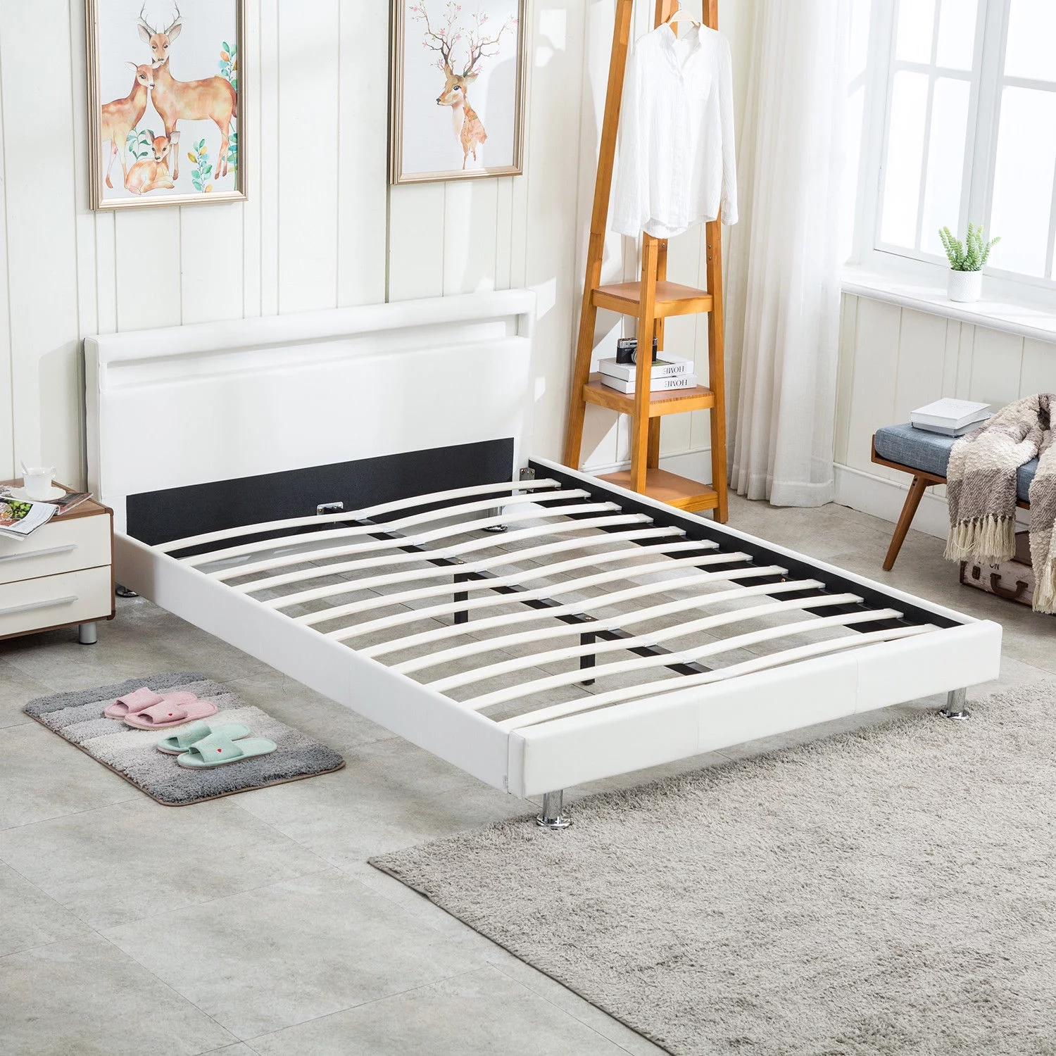 Full Size Platform Bed Upholstered Bed Frame Bedroom LED Light Headboard with Color Changing LED Light Slats Bed White