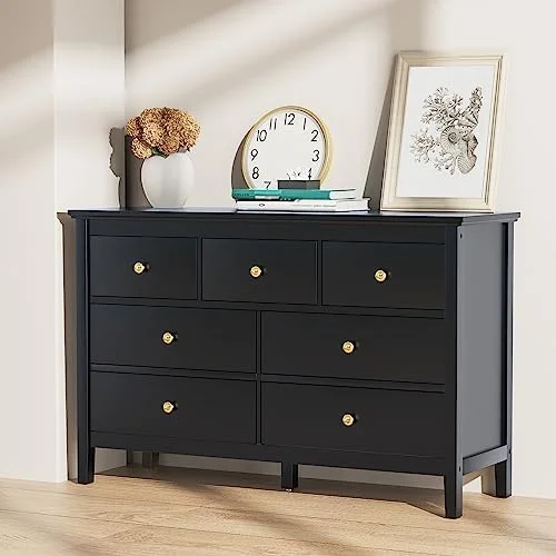 White Dresser for Bedroom 6 Drawers Dresser Chests Wood Wide Chest of Drawers Double Dressers Organizer for Nursery Living Room Hallway Black