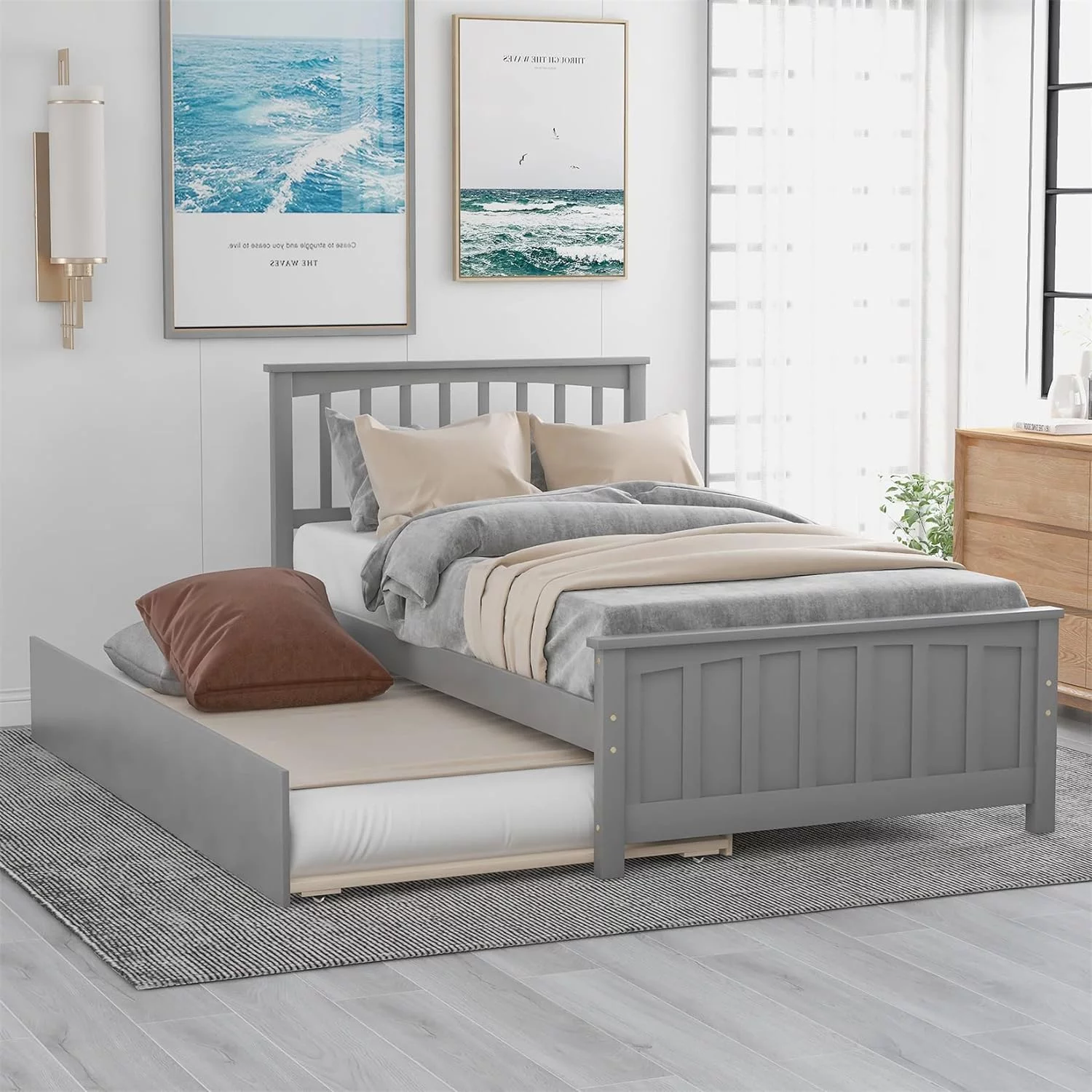 Bed With Trundle Wooden Platform Bed Frame With Headboard Solid Wood Captain Beds For Boys Girls Kids Teens, No Box Spring Needed, Gray