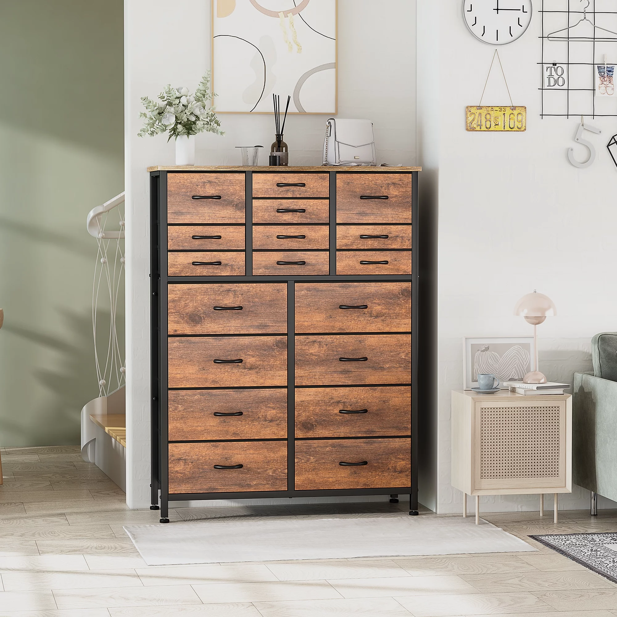 GIKPAL Dressers for Bedroom, Chest of Drawers Dresser with 18 Drawers Fabric Tall Dresser, Steel Frame Wooden Top, Rustic Brown