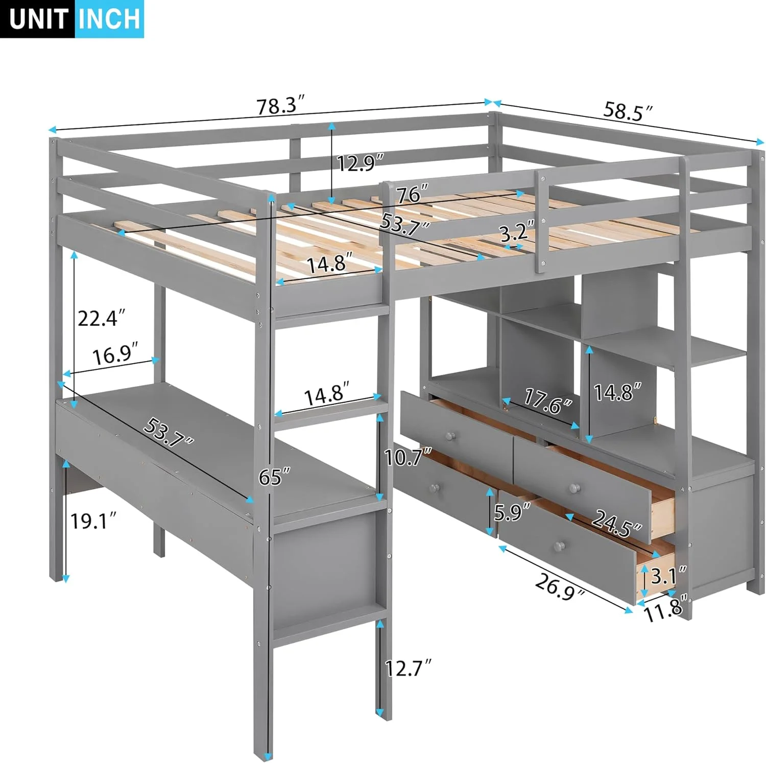 Full Size Loft Bed With Desk Ad Storage Drawers, Wood Loft Beds Frame With Bookcase Ad Shelves For Dorm Bedroom, High Loft Bed For Kids Adults Boys Girls Tees, Gray