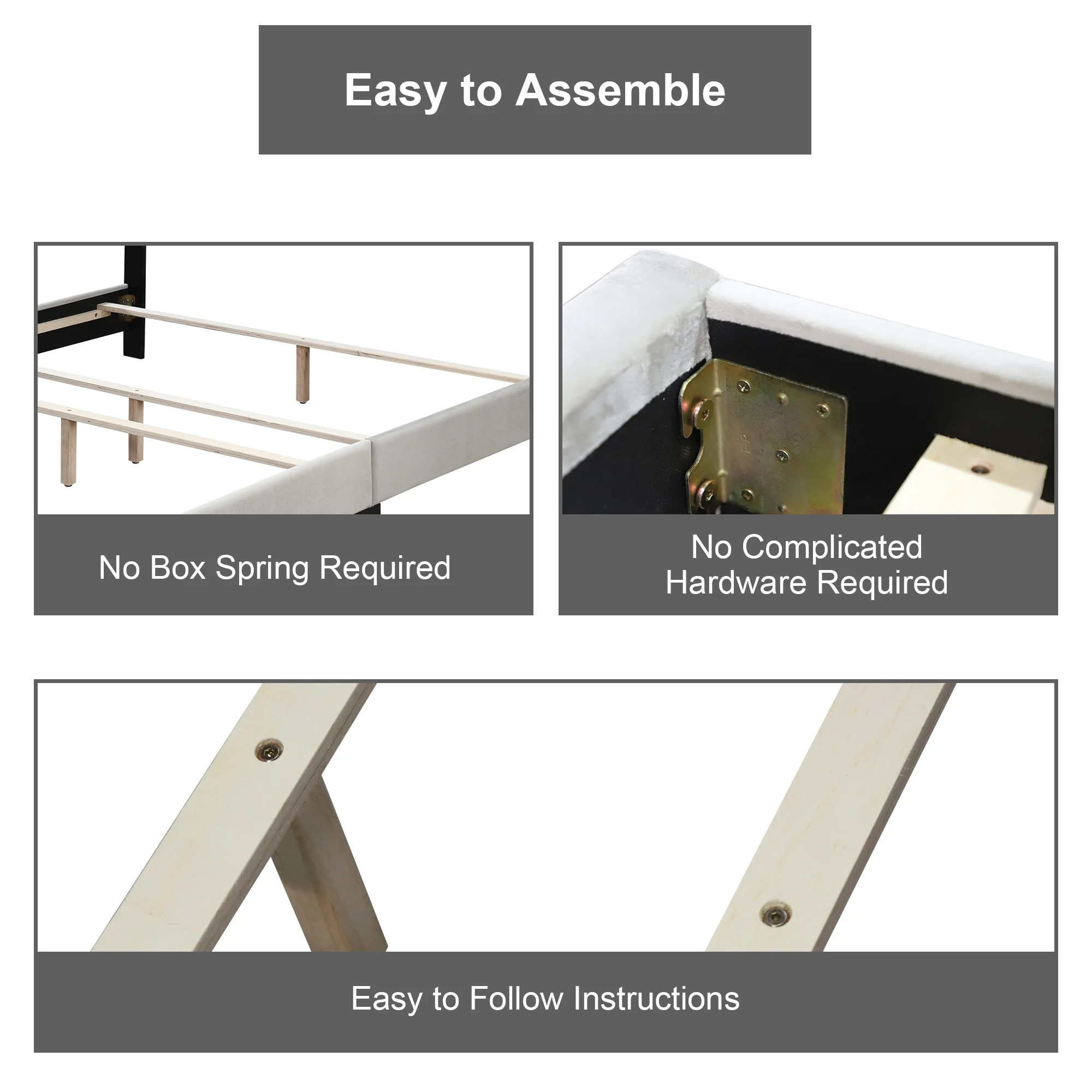 Queen Size Bed Frame Upholstered Platform with Headboard, Mattress Foundation with Wood Slats Support, No Box Spring Needed, Easy Assembly, Noise-Free, Beige