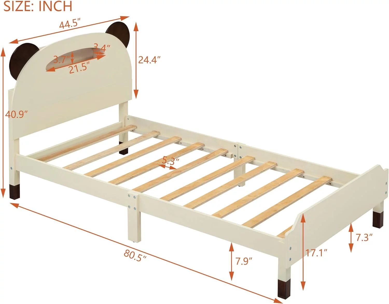 Size Bed Frame With Bear-Shaped Headboard And Activated Night Lights, Wood Platform Bed With Solid Wood Slats For Kids Teens, No Box Spring Needed (Cream+Walnut)