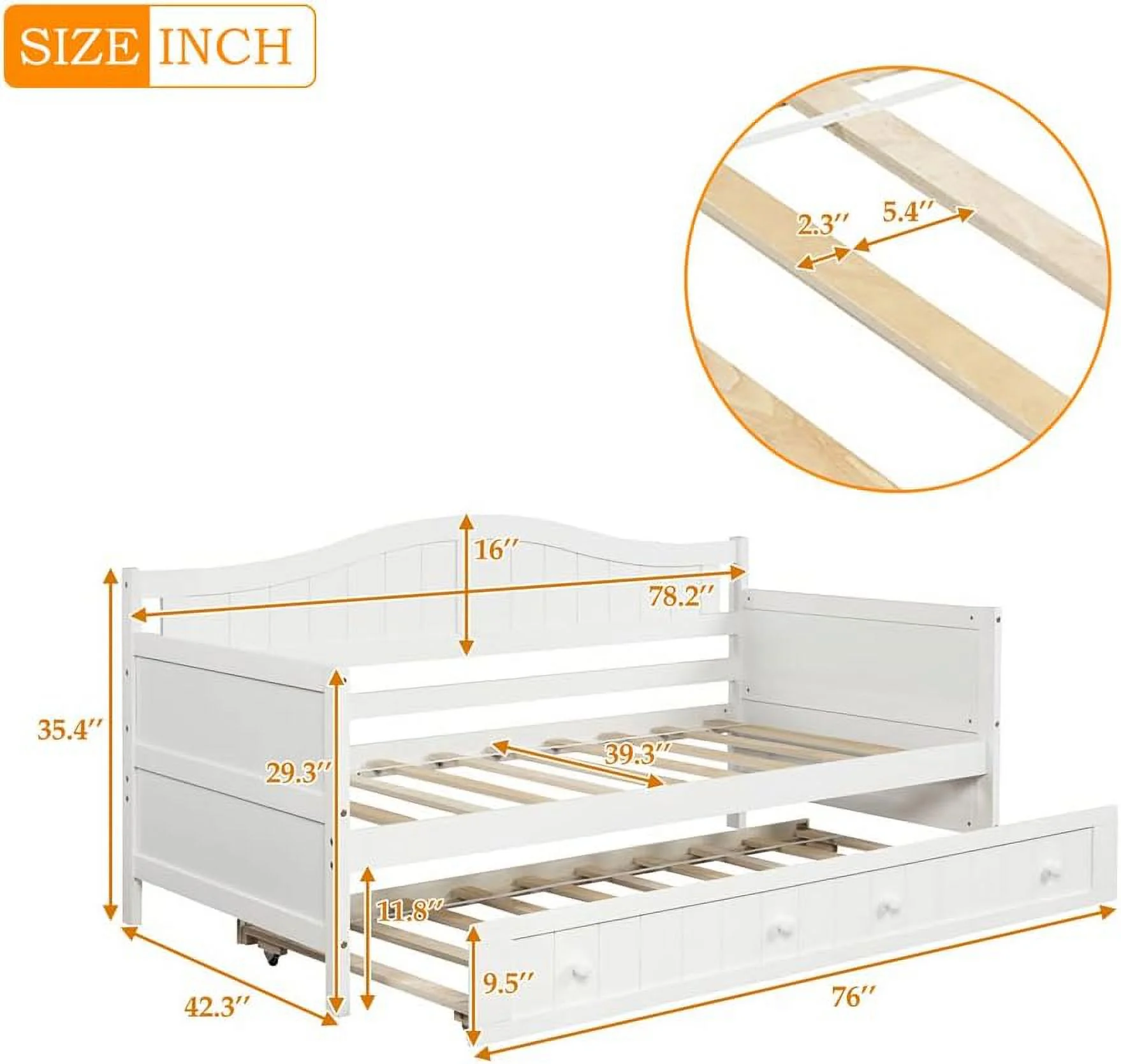 Twin Size Daybed with Trundle, Wooden Daybed Frame with Headboard and Footboard, Sofa Bed Twin Platform Bed with 10 Slat Support for Bedroom Living Room, No Box Spring Needed