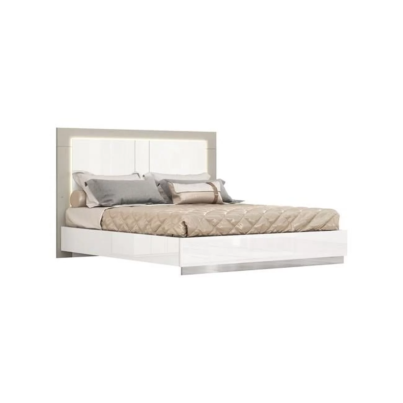 HomeRoots 486086 High Gloss Bed Frame with LED Headboard, White & Taupe - Queen Size