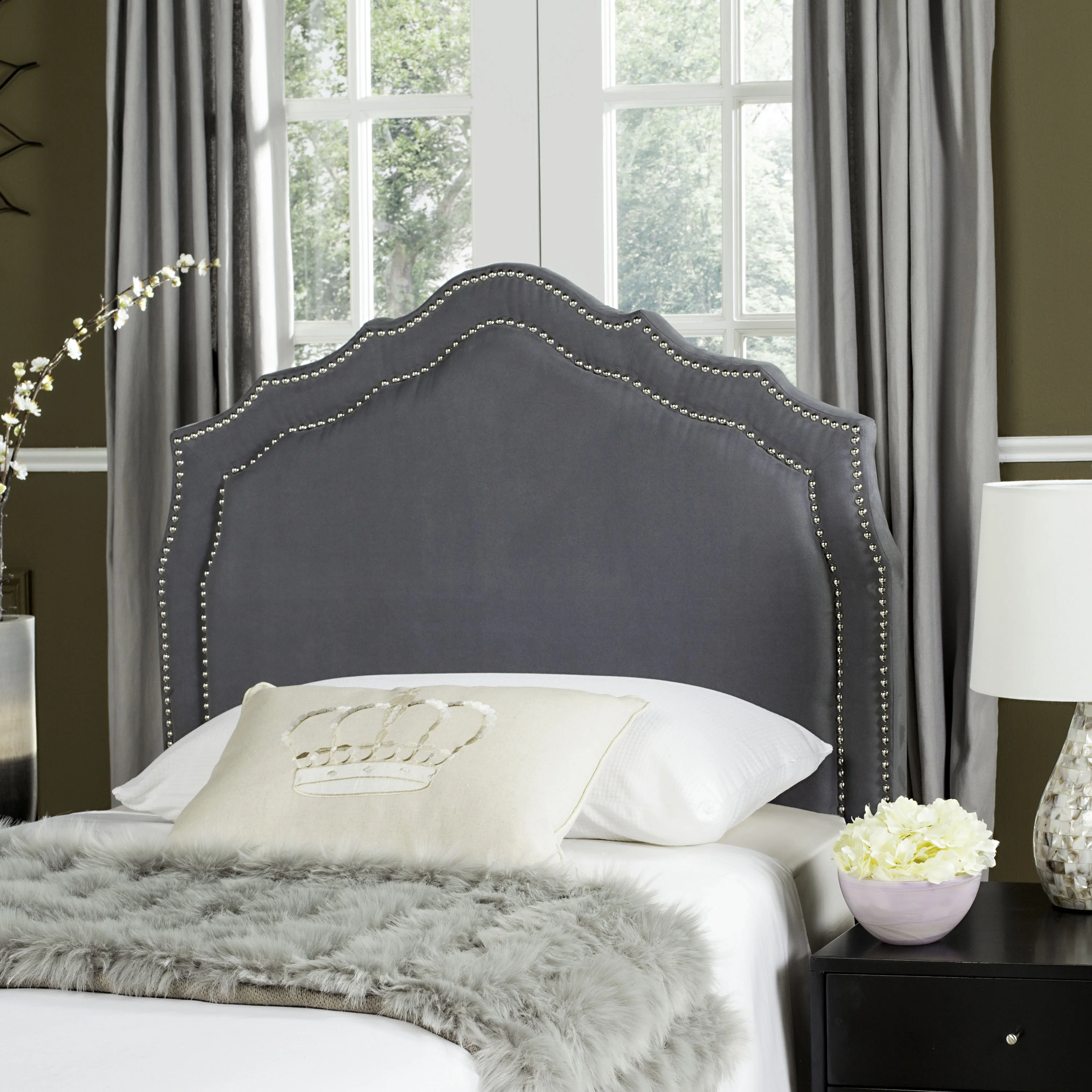 SAFAVIEH Skyler Retro Arched Upholstered Headboard with Nail Heads, Twin, Grey