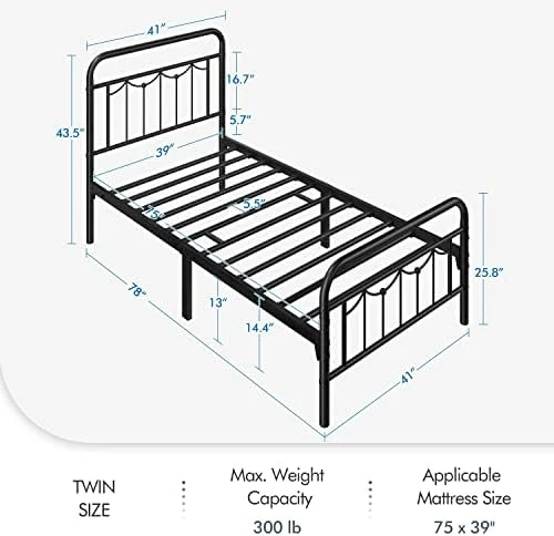 xrboomlife 2 Pcs Twin Size Metal Bed Frame with Vintage Headboard and Footboard  Farmhouse Platform Bed  Heavy Duty Steel Slat Support  13 Inch Under-Bed   No Noise  No Box Spring Needed