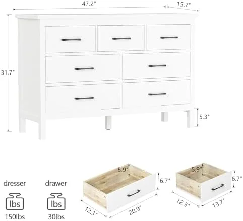 RUNFAYBIU White Dresser for Bedroom Wood 7 Drawer Dresser with Black Metal Handles Dresser for Bedroom Hallway Room White