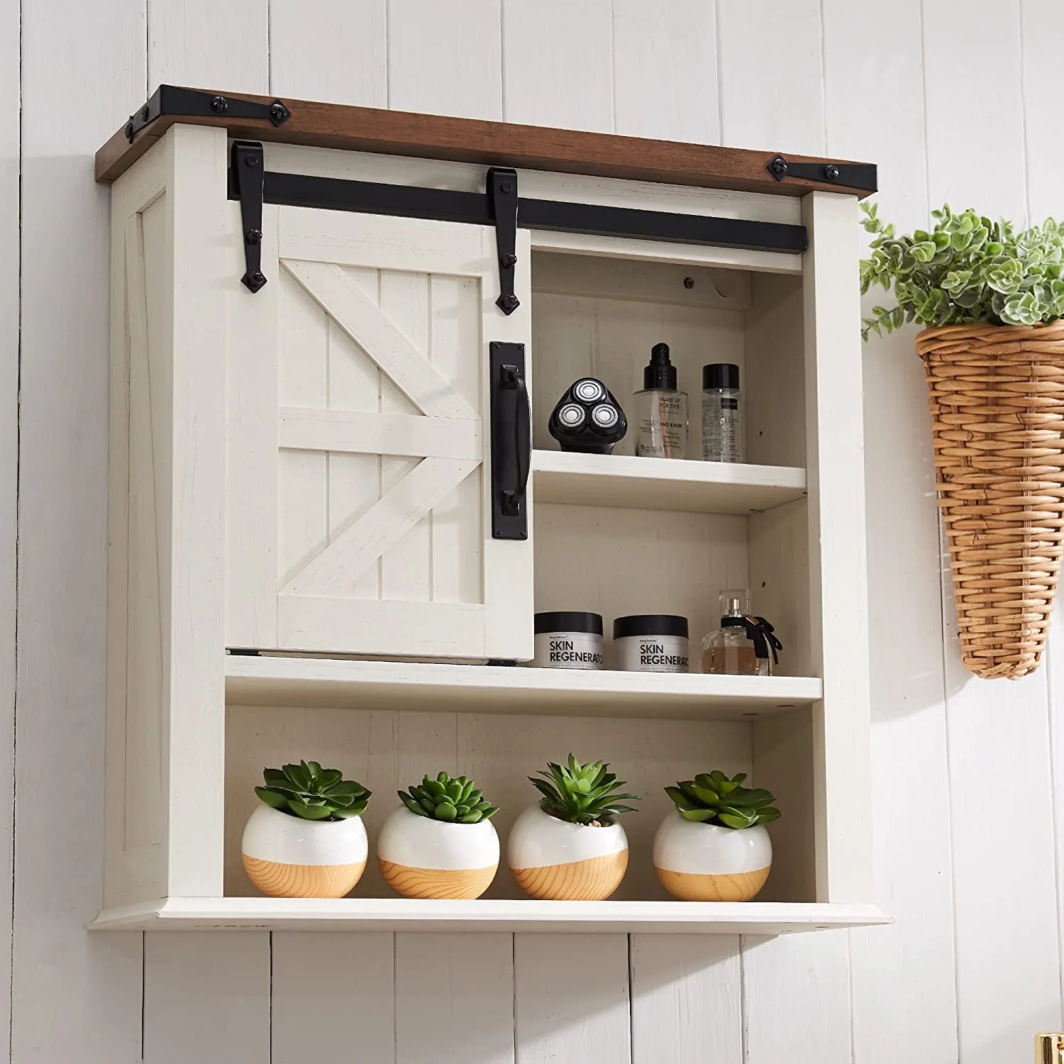 OKD Bathroom Wall Cabinet, 23.5'' W over The Toilet Storage Cabinet with Barn Door and Adjustable Shelf, Antique White