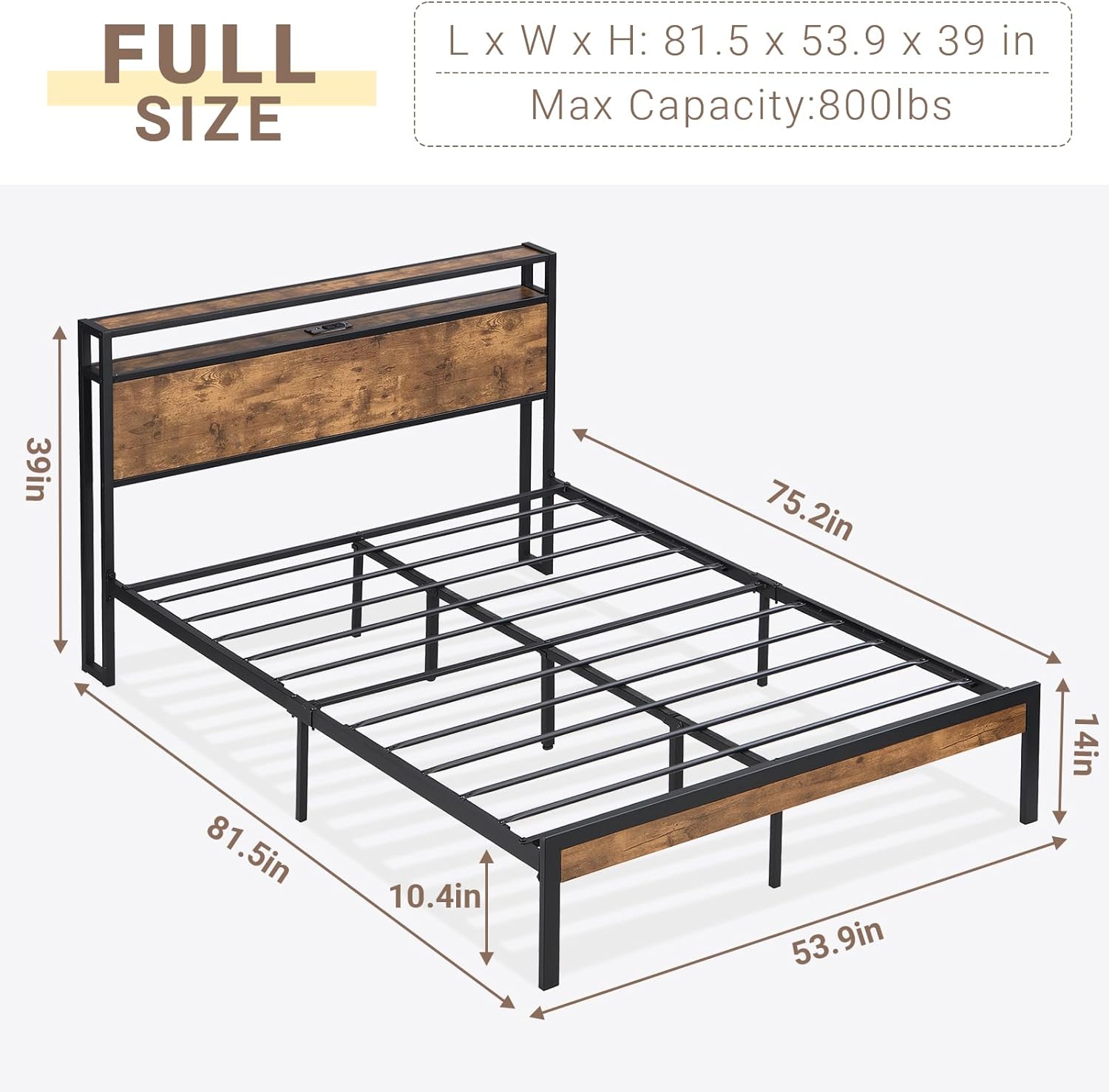 QCAI Full Size Bed Frame, 2 Layer Shelf Headboard with USB Ports & Power Outlets Charging Station, Framehouse Rustic Brown Full Platform Bed Base with Metal Slats & Wood Board