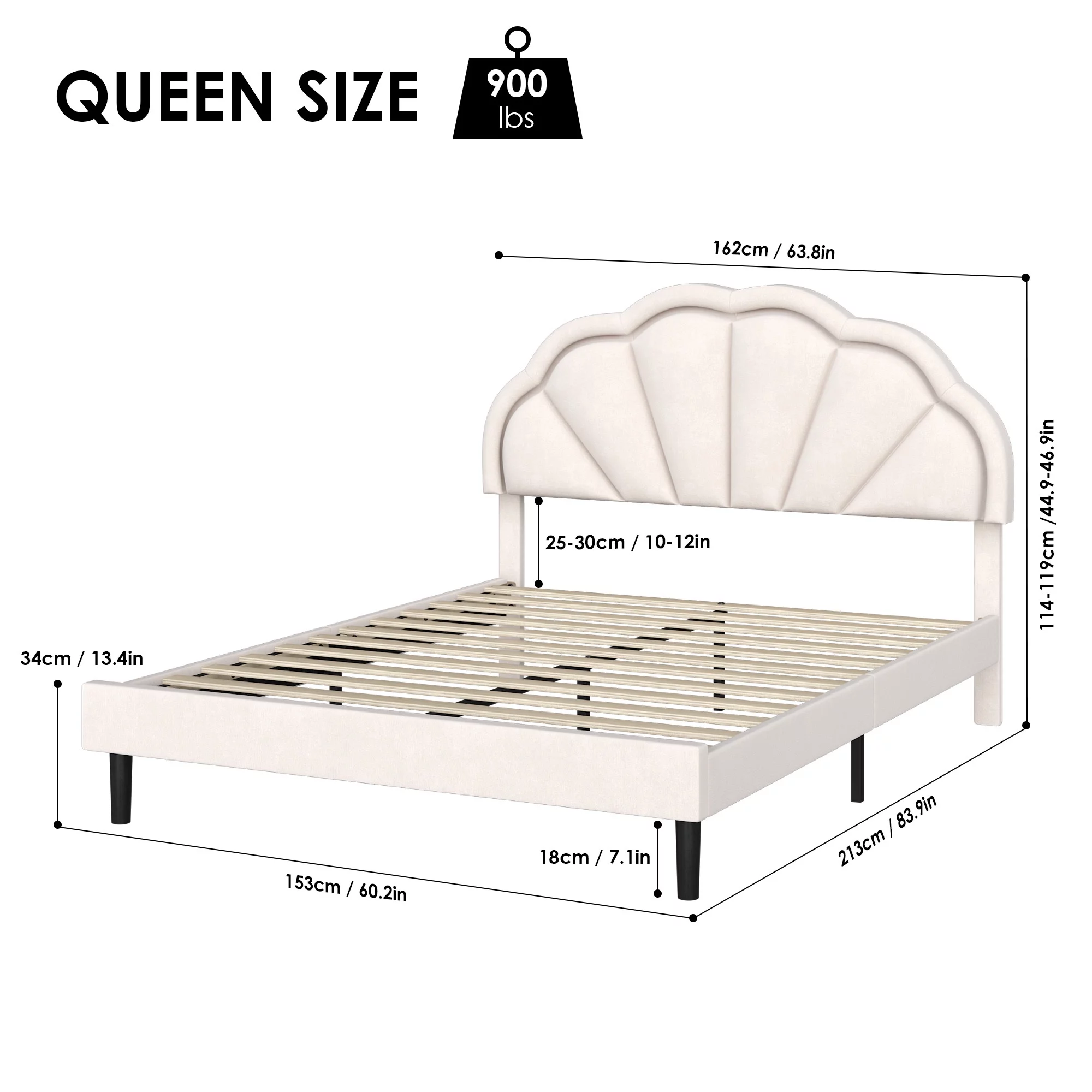 Homfa LED Bed Frame, Queen Size Bed for Kids Girls, Velvet Upholstered Platform Bed with Adjustable Headboard, Off-White