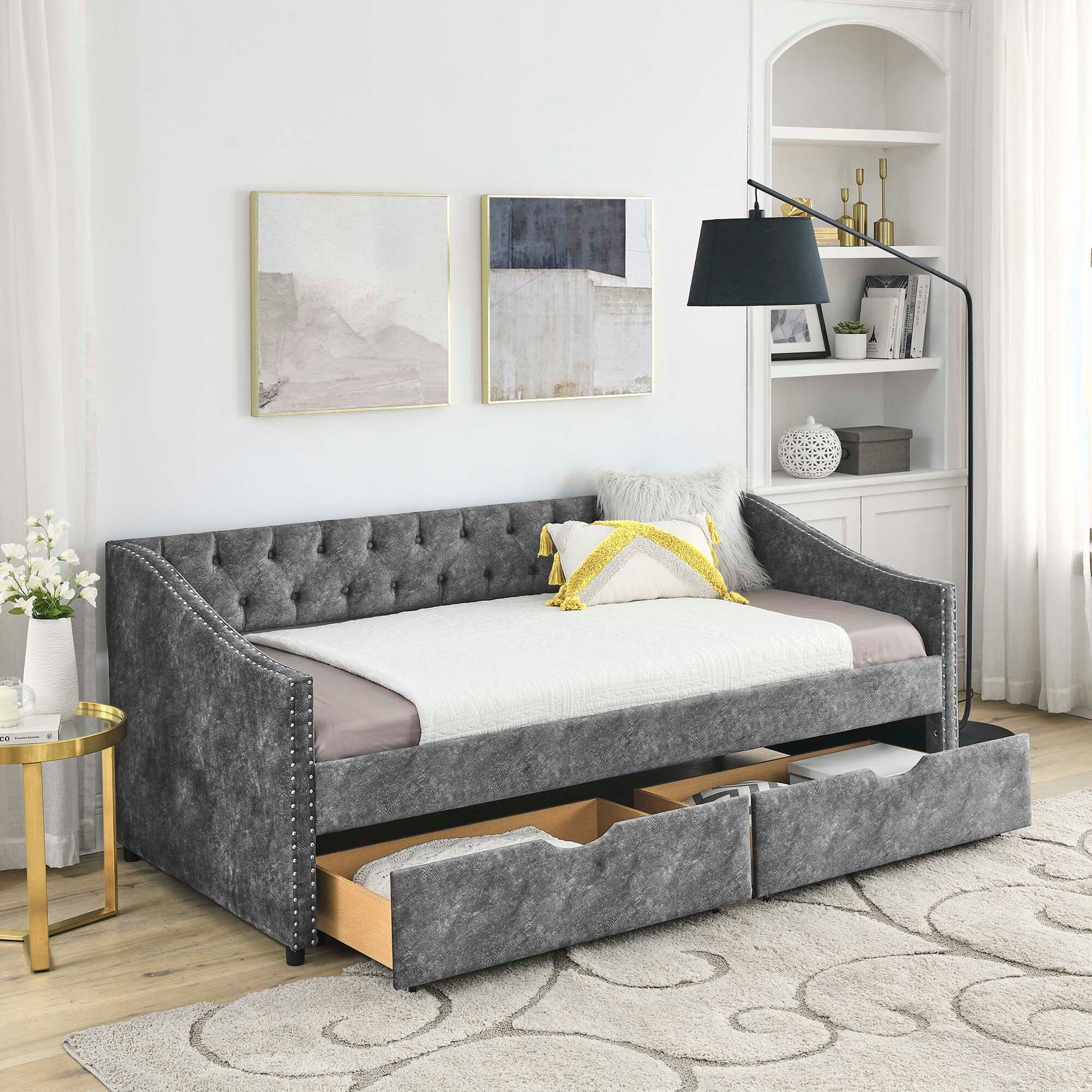 Daybed with Drawers Upholstered Tufted Sofa Bed Grey+Full Size