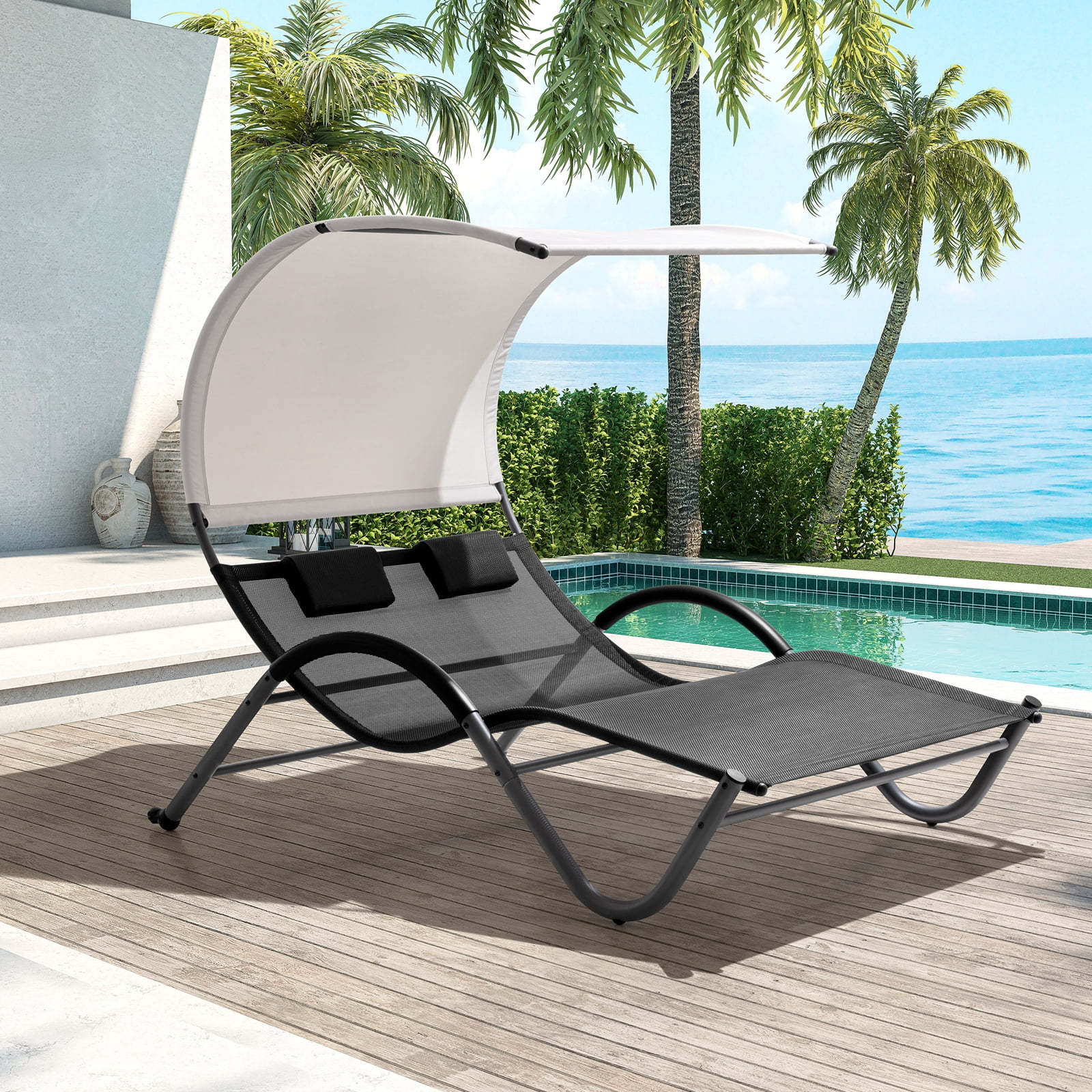 Crestlive Products Patio Steel Outdoor Double Chaise Lounger, Gray