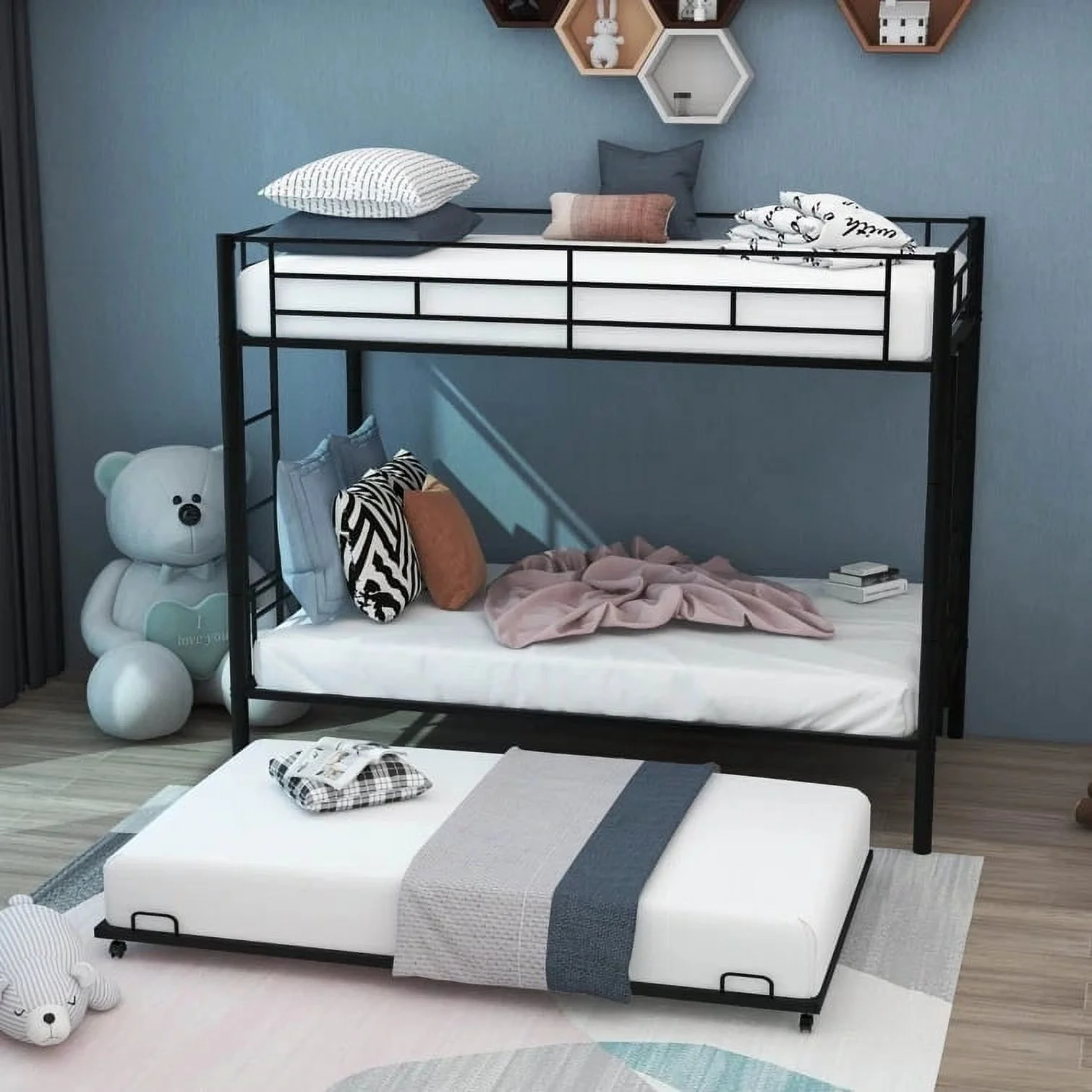 SPECOOL Twin over Twin Bunk Bed with Trundle, Upgraded Bunk Bed with Ladder & Guardrail, Heavy Duty Kids Bedroom Furniture for Boys and Girls, Space Saver Guest Room Bunk, Black