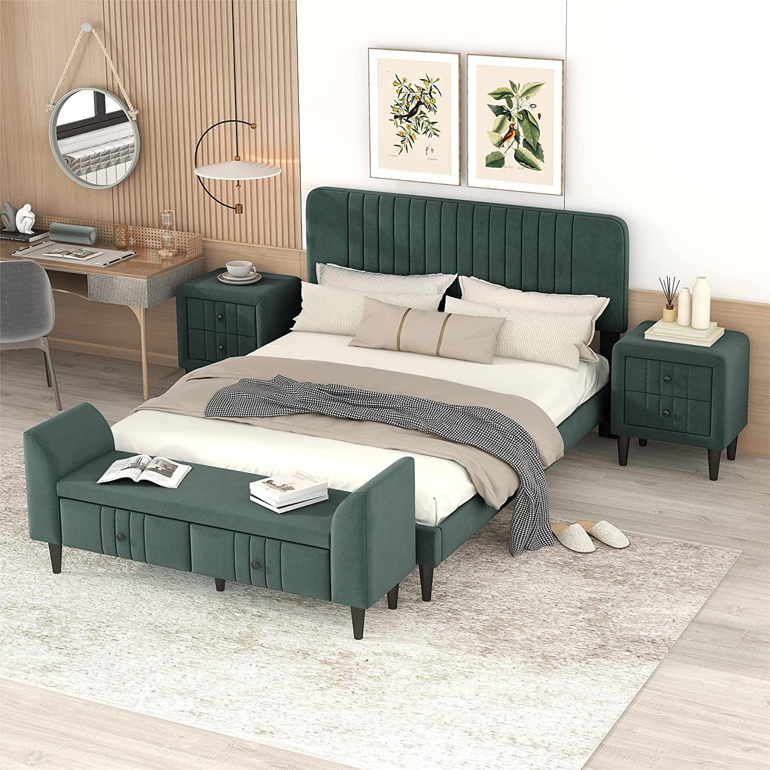 Bedroom Furniture Sets, 4-Pieces Bedroom Sets, Queen Size Upholstered Platform Bed With 2 Nightstands And Storage Bench, Green