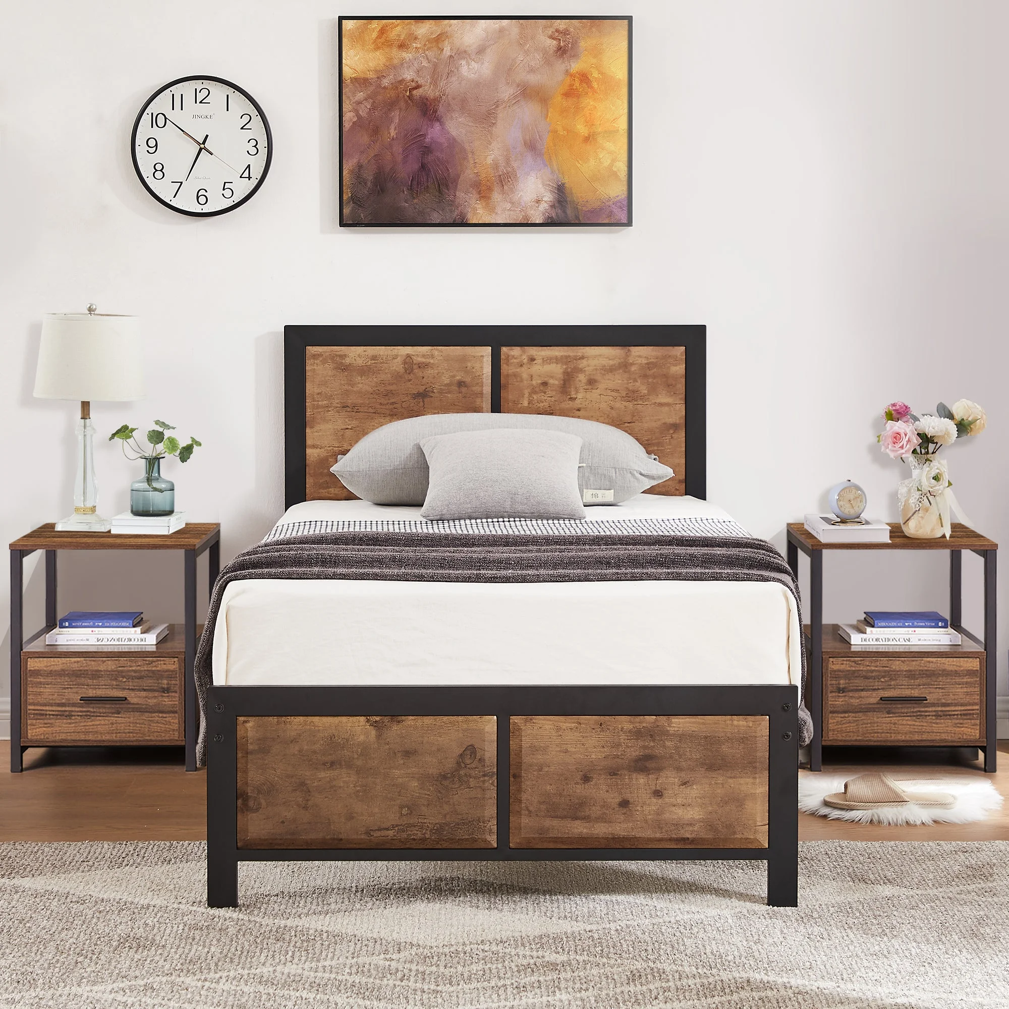 VECELO Modern 3-Piece Bedroom Set, Twin Platform Bed Frame with Wood Headboard, Nightstand Set of 2 with 1-Drawer, Brown