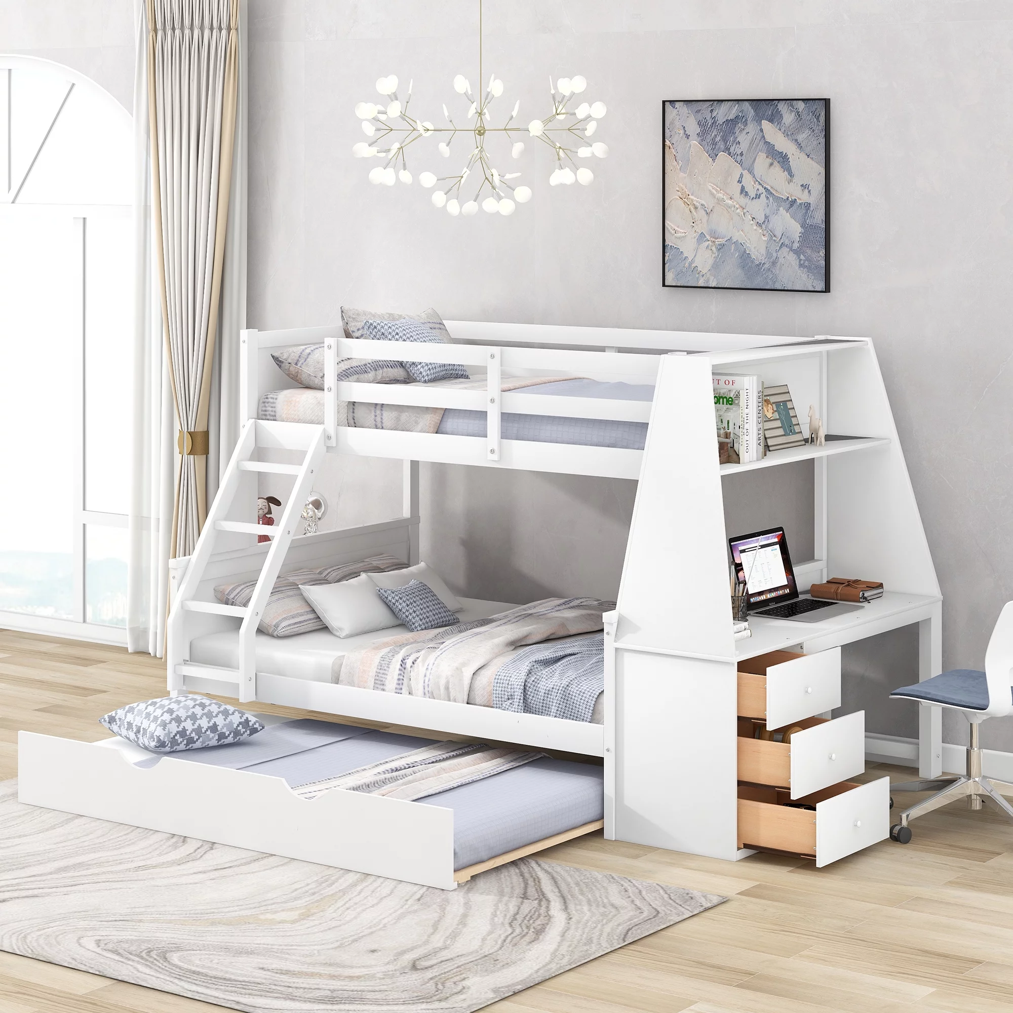 CoSoTower Twin Over Full Bunk Bed With Trundle And Built-In Desk, Three Storage Drawers And Shelf, White