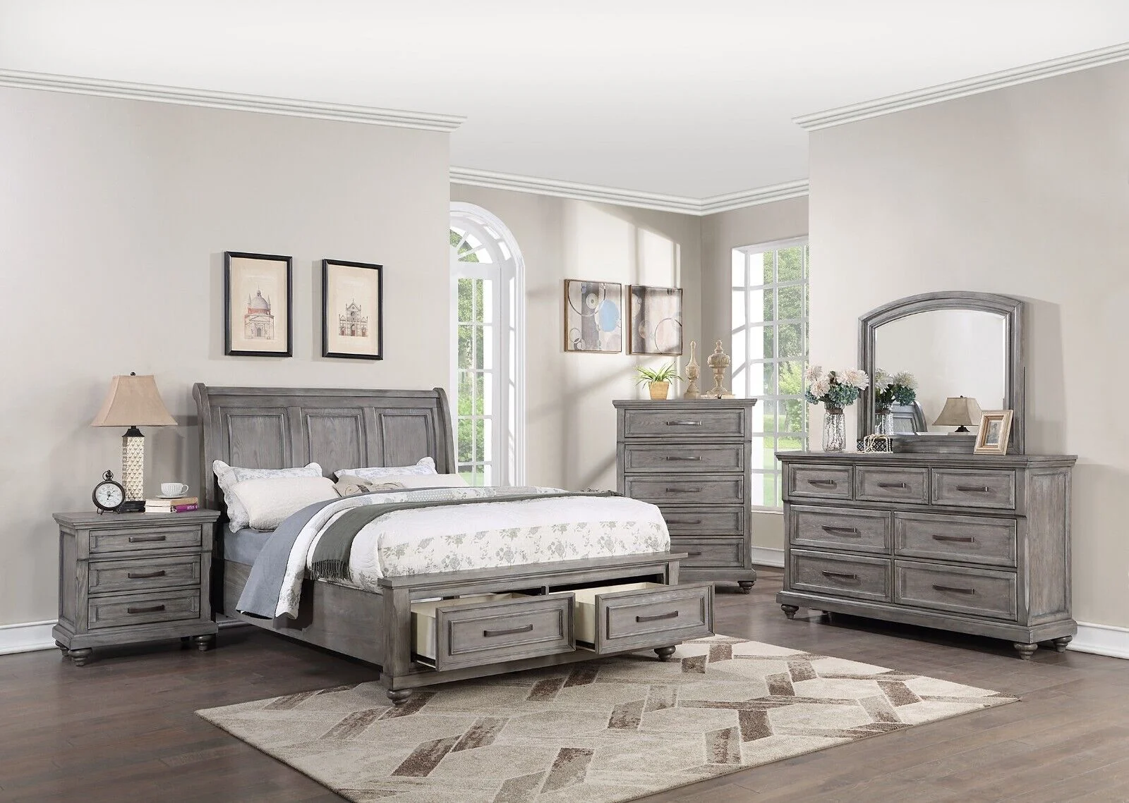 Transitional Beautiful Grey Hue 4pc Bedroom Furniture Est King Size Bed Drawers FB Dresser Mirror Nightstand Sleigh Oak Veneer