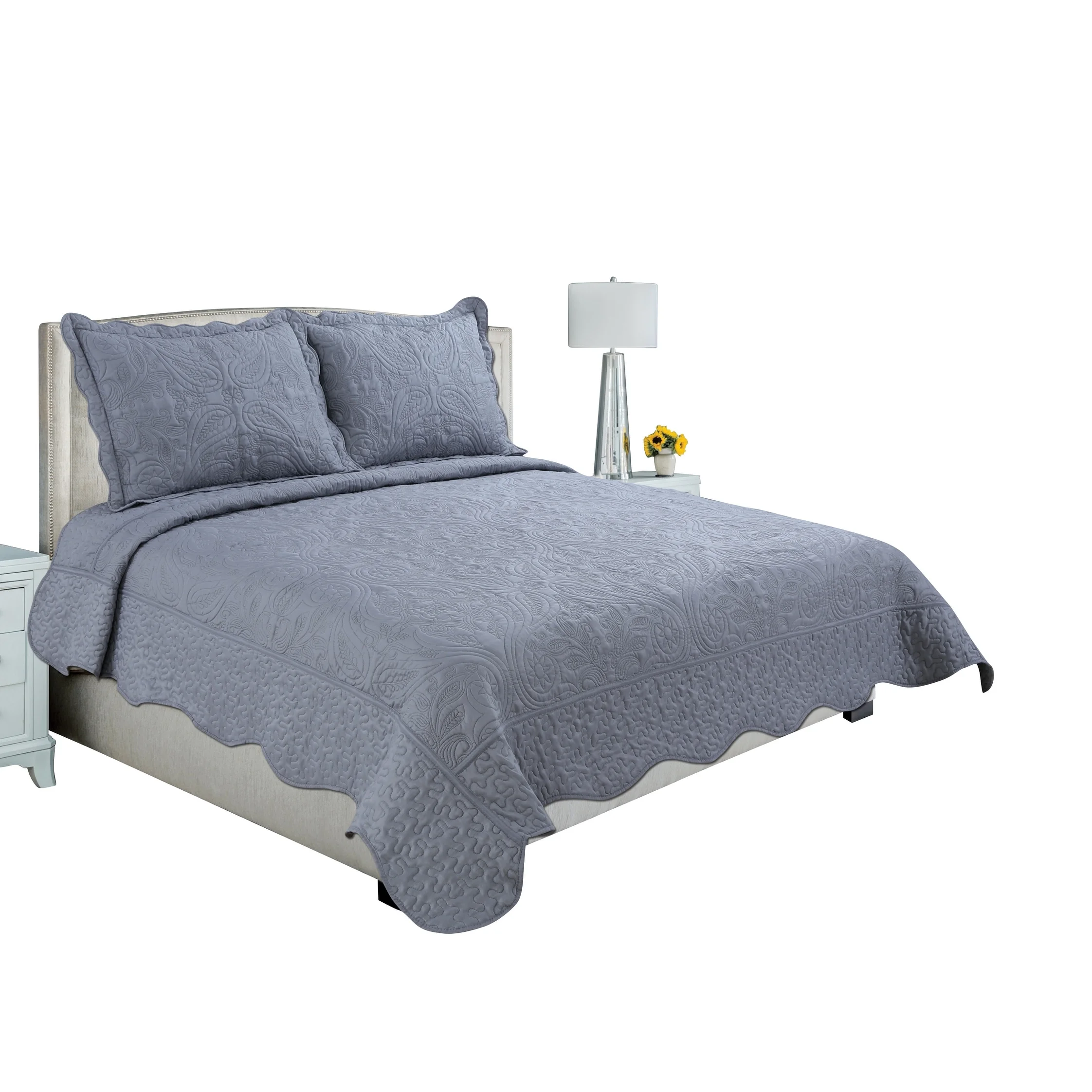 Hong and Arts Inc. Marina Decoration Embroidered Stitching Coverlet Bedspread Ultra Soft Solid Summer Quilt Set, Floral Paisley Grey - California King