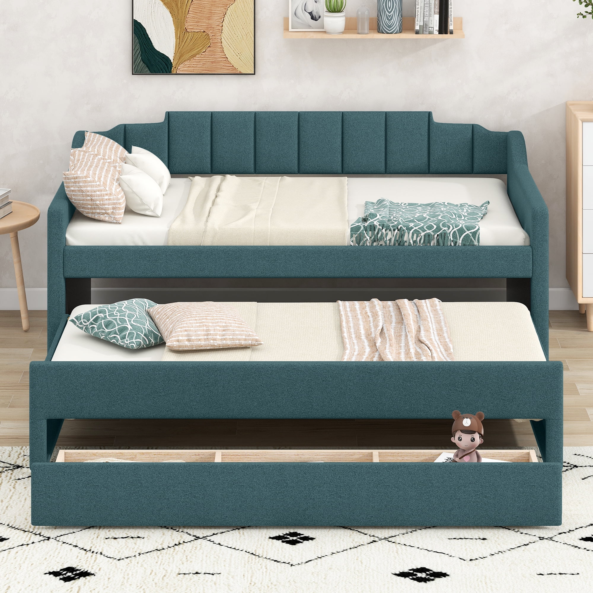 Nestfair Green Twin Size Upholstered Daybed with Trundle and 3 Drawers