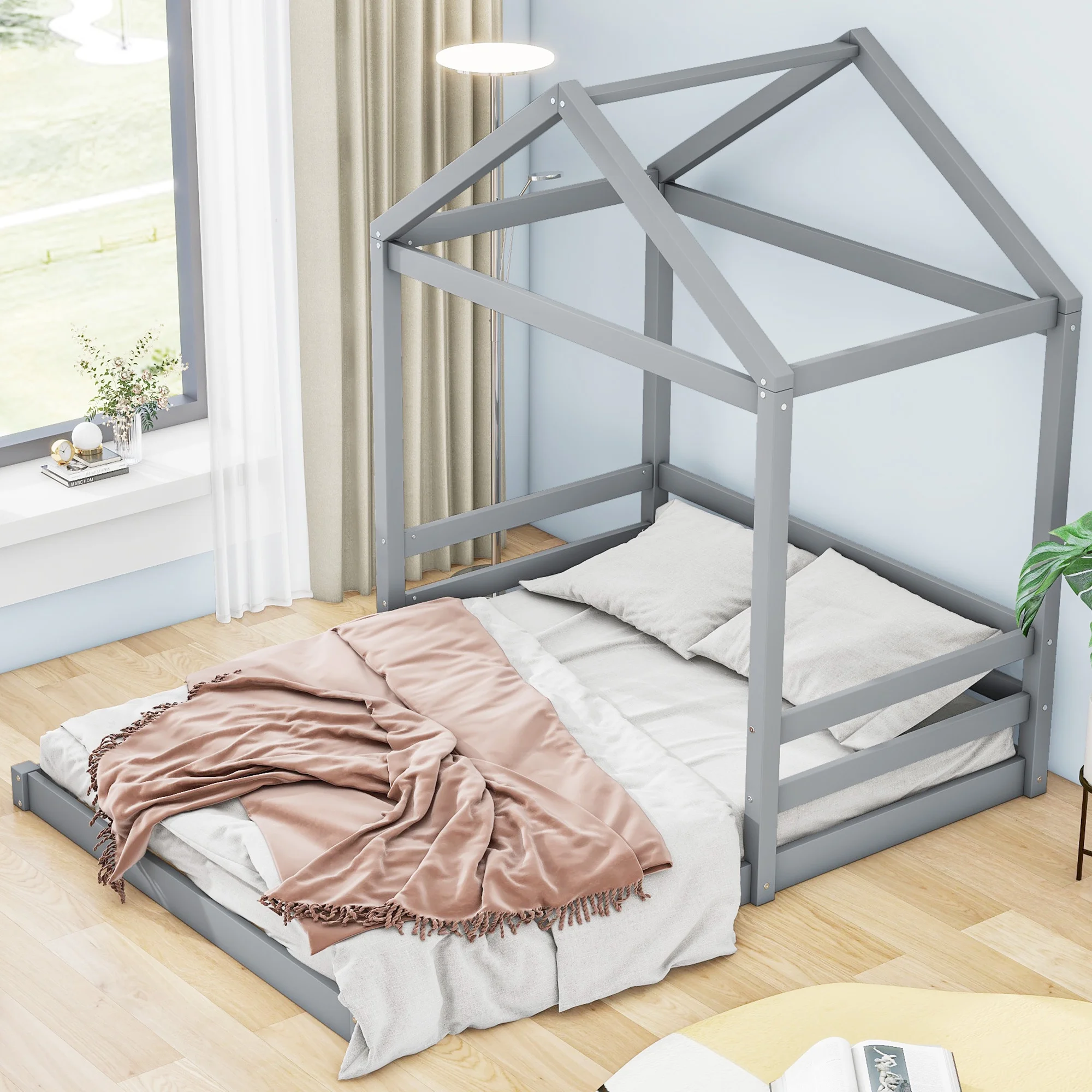 Churanty Kids Full Size House Bed with Guardrail,Wooden House-Shaped Floor Bed Frame with Roof for Teens Bedroom,Grey
