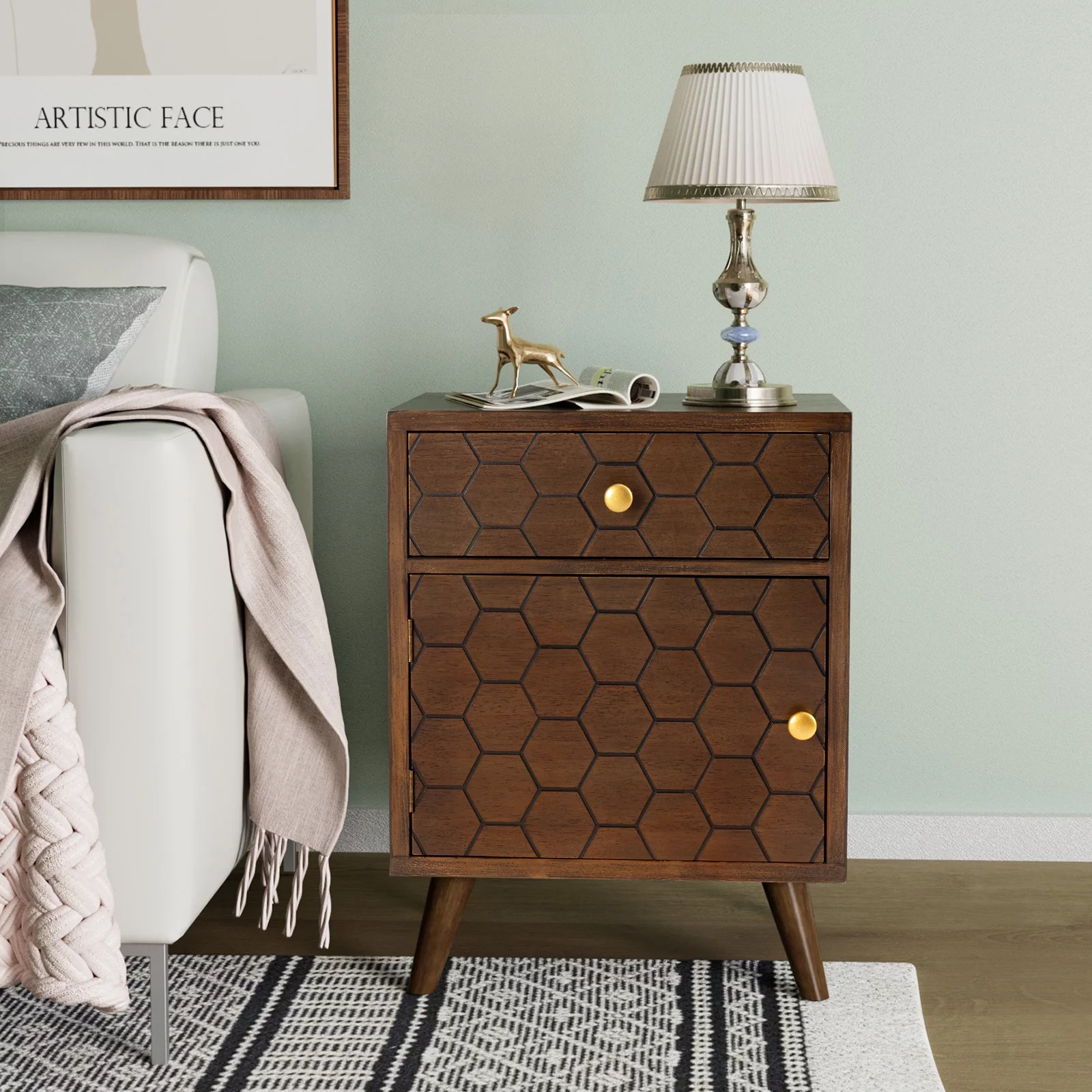 COSIEST Vintage Accent Nightstand End Table w Chest, Drawer