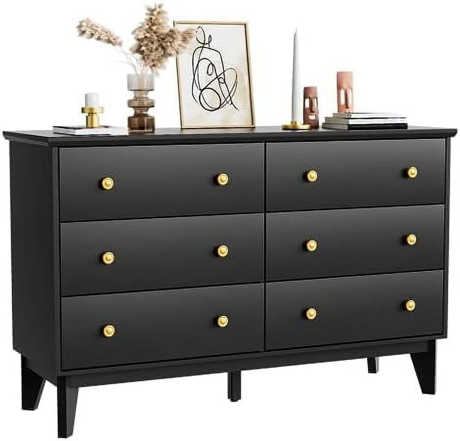 White Dresser for Bedroom 6 Drawer Double Dresser with Deep Drawers and Gold Knobs Wood Chest of Drawers for Living Room Office