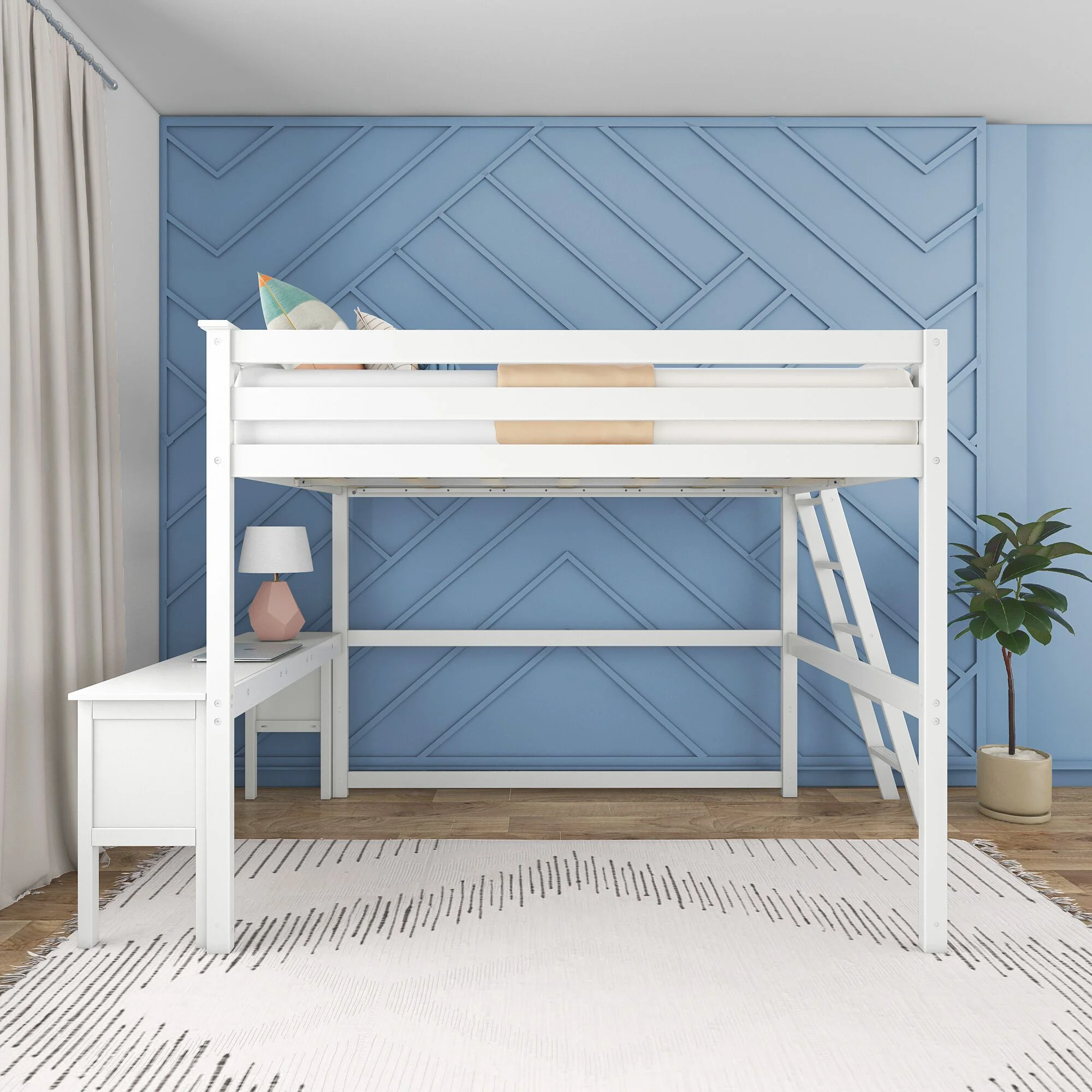 Max & Lily Solid Wood Full Size High Loft Bed with Ladder on End and Desk for Kids, White