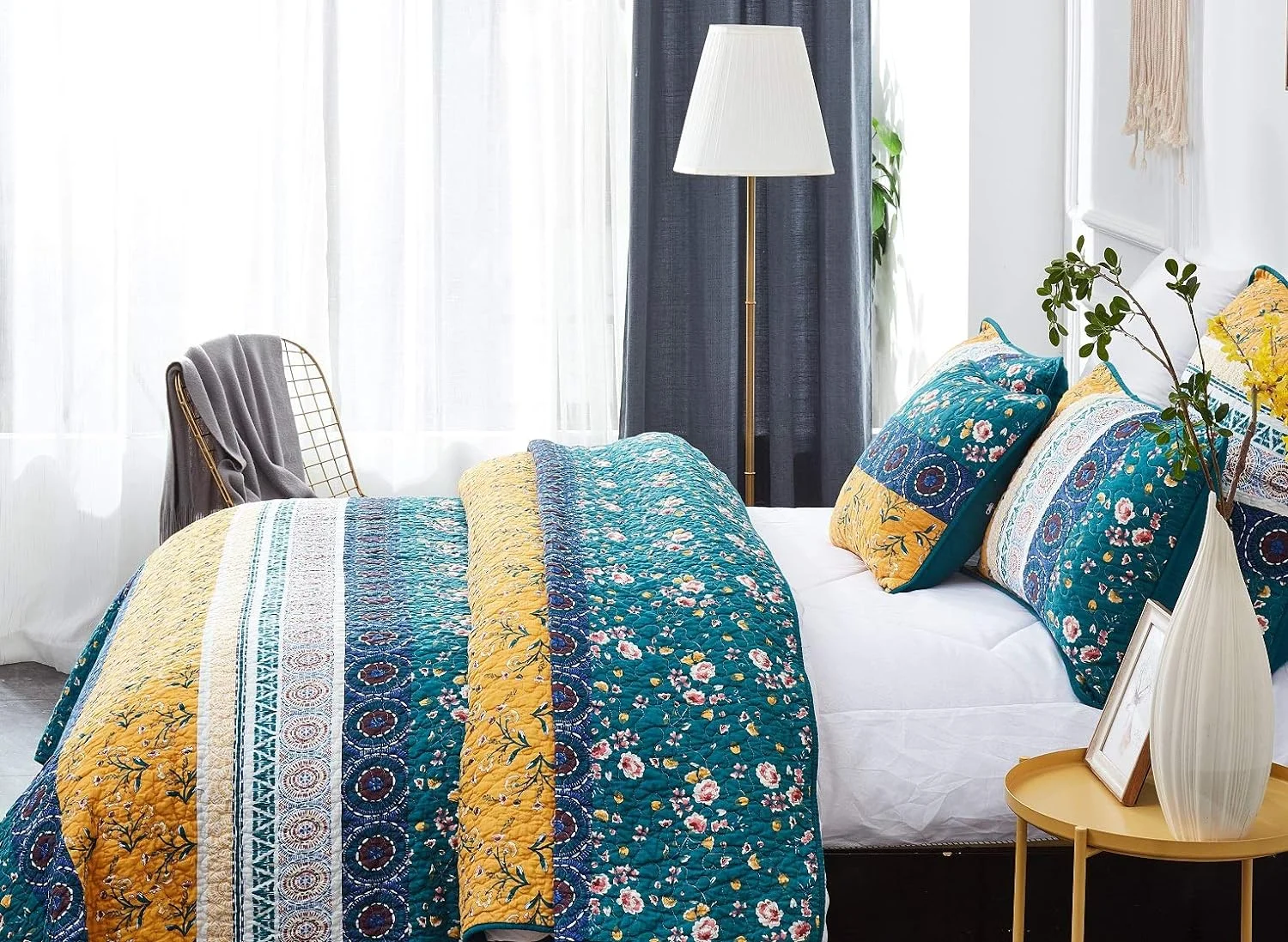 Bohemian Gardenia Floral Patchwork Bedspread Set - Cotton Bed Of Wild Flowers Botanical Quilted Coverlet - Bright Vibrant Yellow Blue Teal Green - - 2-Pieces