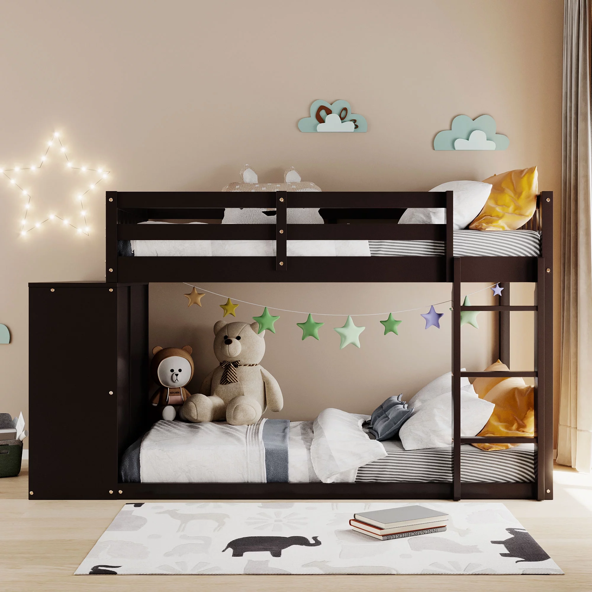 Wood Twin Over Twin Size Bunk Beds Frame with Full-Length Guardrail, Space-Saving, No Box Spring Needed with 4 Drawers and 3 Shelves
