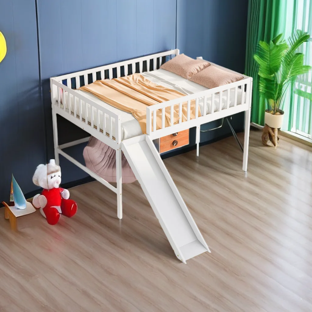 Full Size Low Loft Bed with Side Ladder,Slide and Full Length Guradlails,Wooden Full Bed Frames for Bedroom Dorm