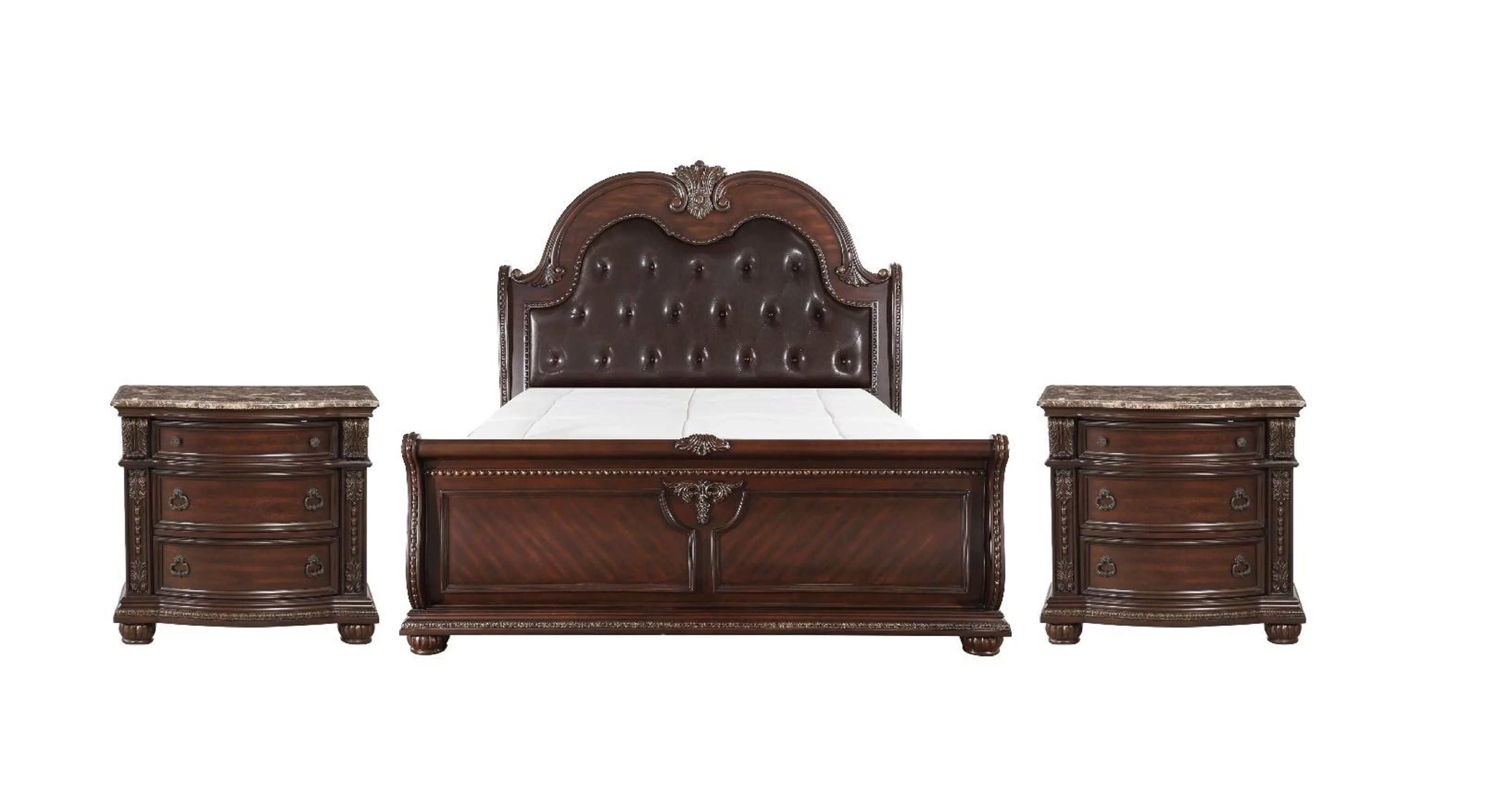 Classic Vintage Style Luxury 3pc Set Brown Cherry Finish Queen Size Bed and Nightstands Bedroom Furniture