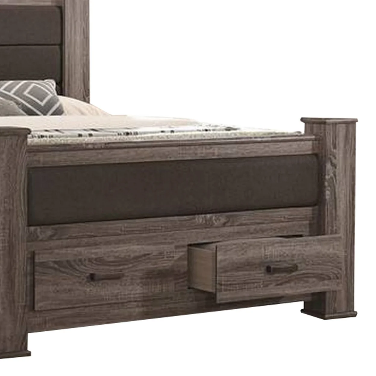 Fort Classic Queen Sized Bed with 2 Drawers Upholstered Panel Oak Gray- Saltoro Sherpi