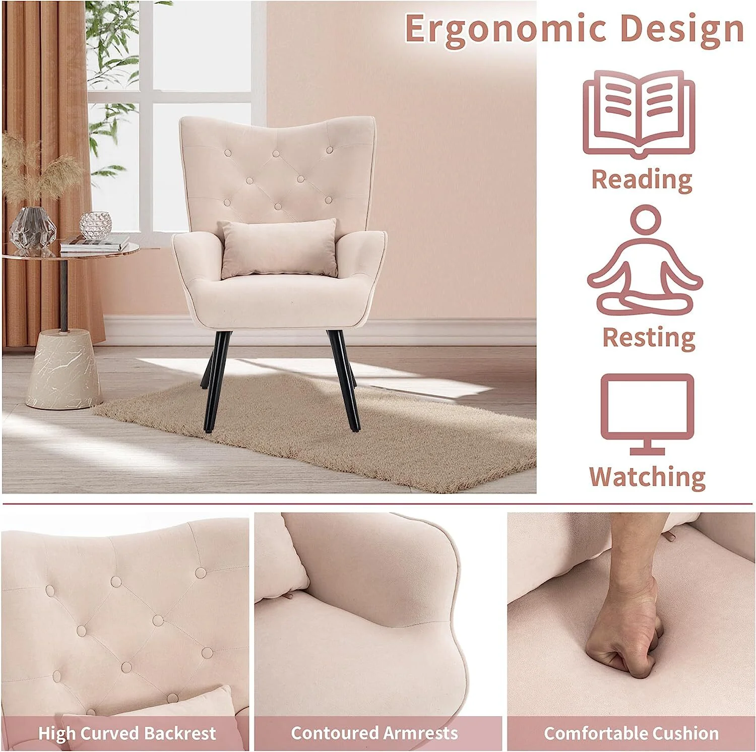 Lavori-AK Velvet Accent Chair with Wingback,Modern Tufted Vanity Armchair with Armrest, Solid Wood Legs for Bedroom Living Room,Pink