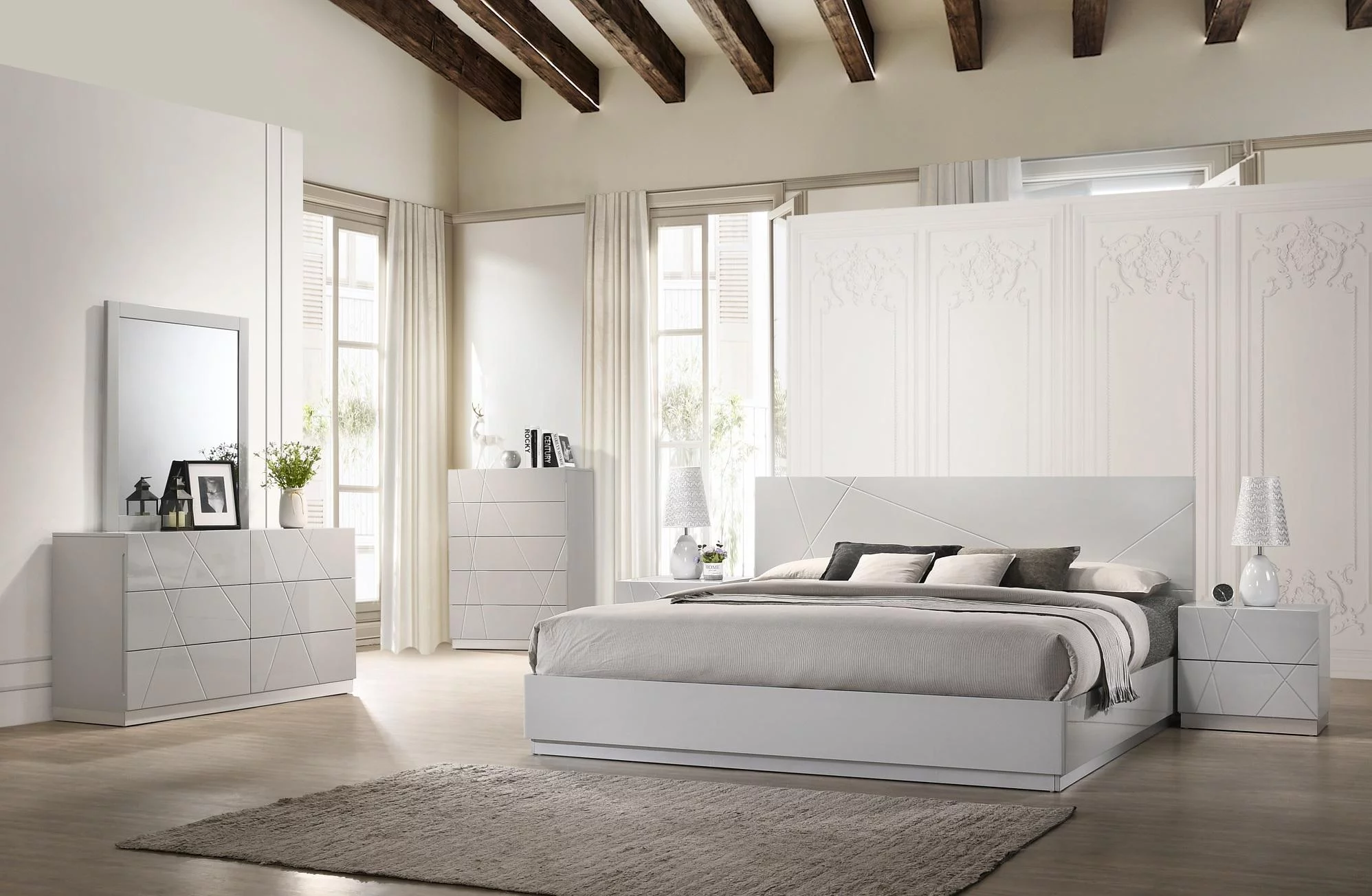 Contemporary Grey Lacquer Finish Platform King Size Bedroom Set 5Pcs J&M Naples