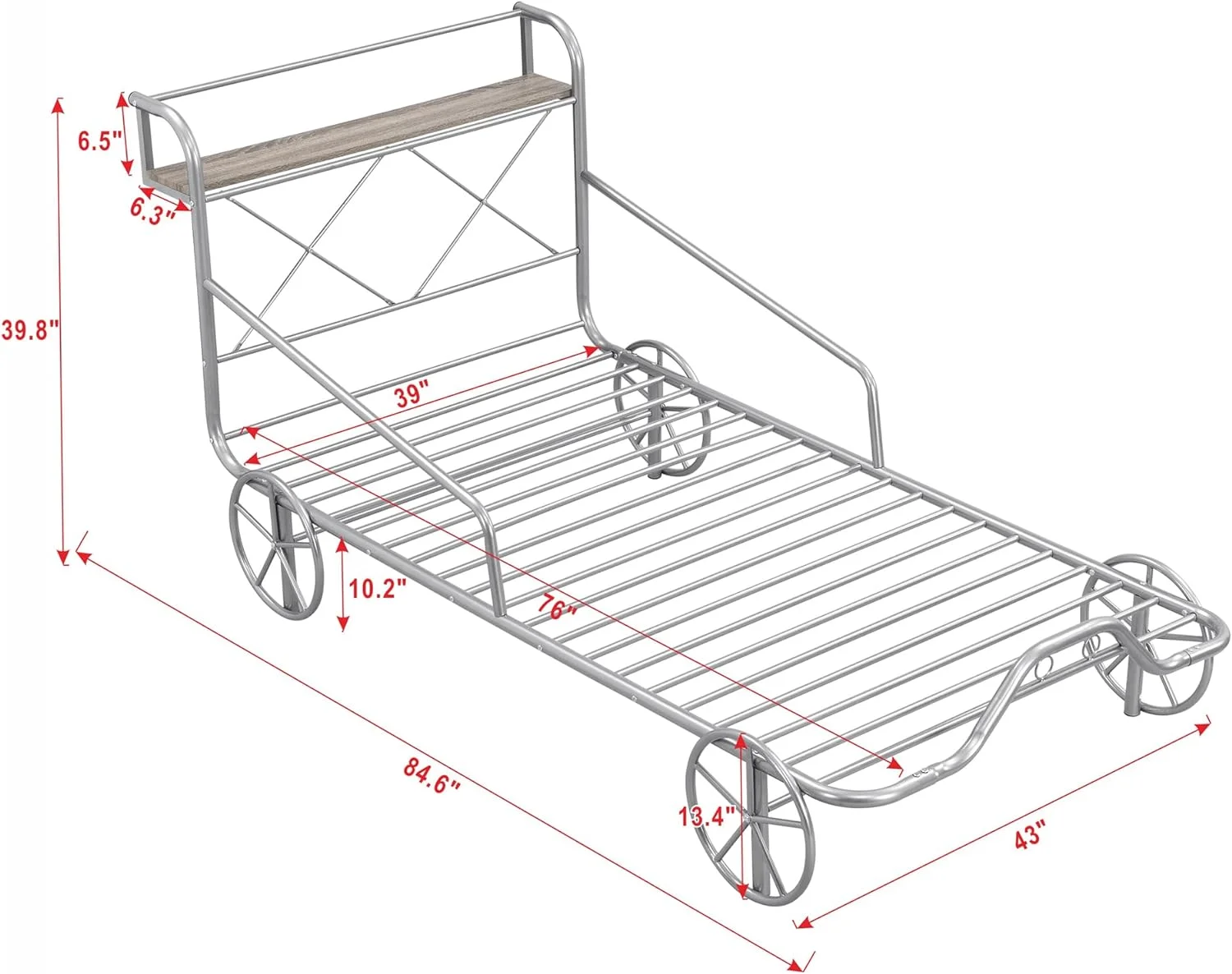 Twin Size Car Shaped Platform Bed with 4 Wheels and Guardrails, Metal Bedframe w/X-Shaped Frame Shelf for Kids,Boys,Teens