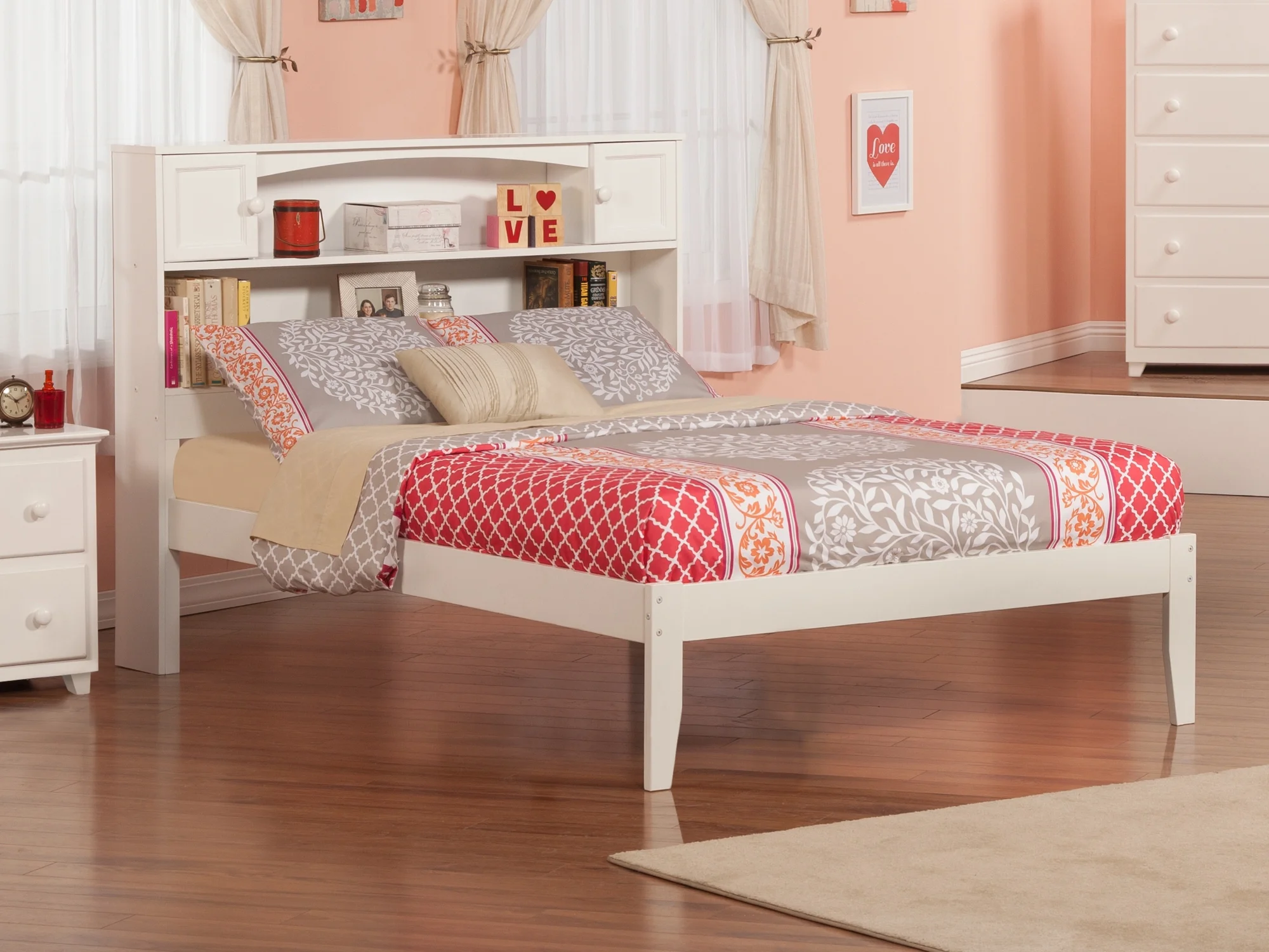 AFI Newport Full Solid Wood Platform Bed with Storage Headboard in White
