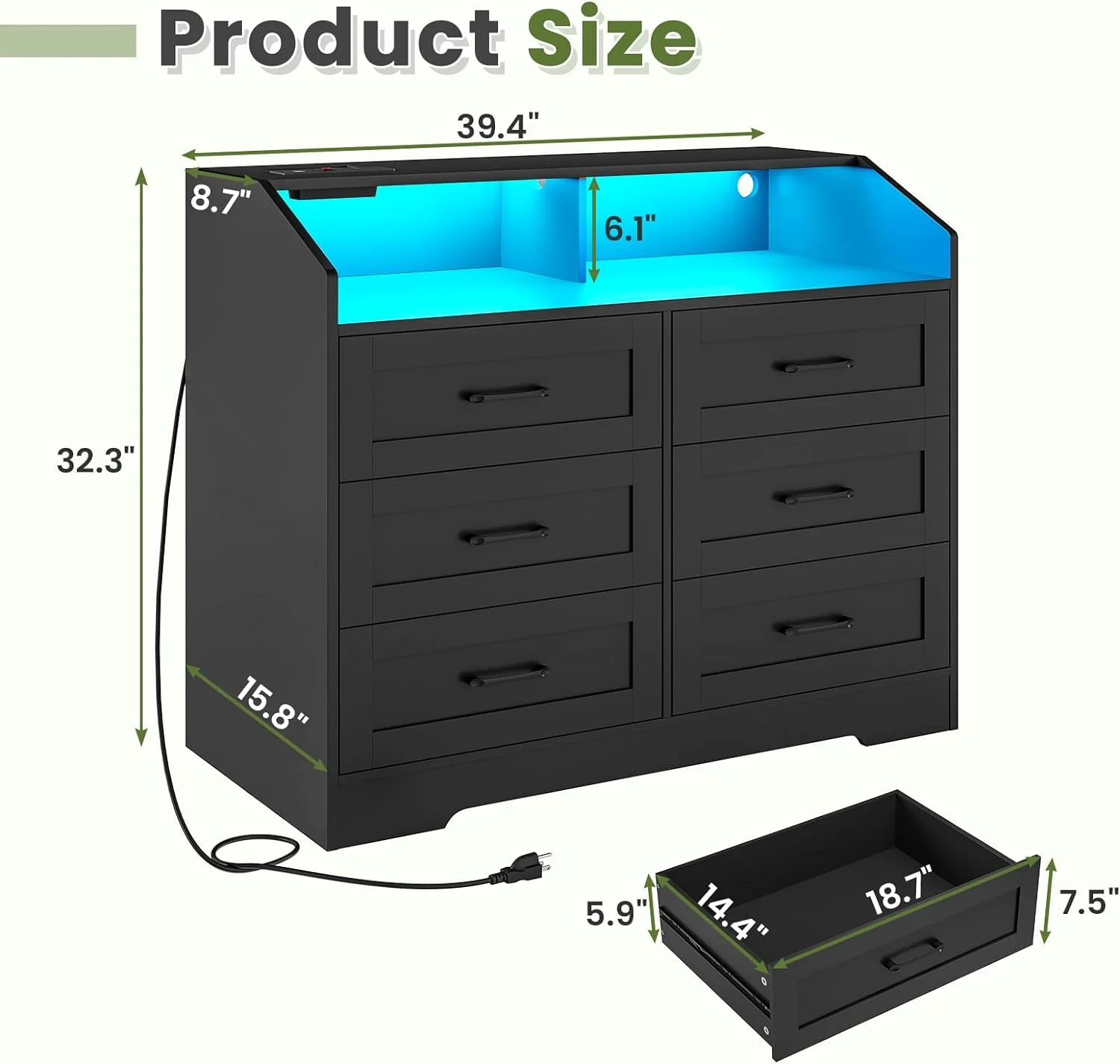 SEDETA 6 Drawer Dresser for Bedroom with LED Lights, Black Chest of Drawers with Storage Cubby for Bedroom, Living Room, Hallway